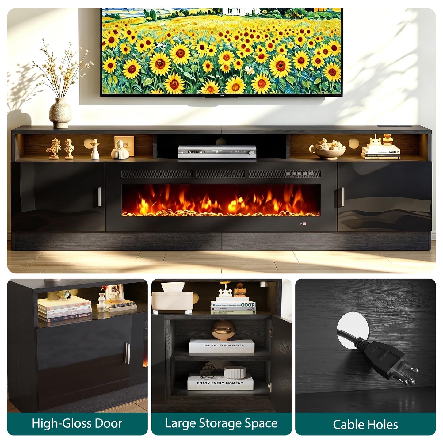OneBlis 80" Fireplace TV Stand with Power Outlet for TVs UP to 90", Electric Fireplace Entertainment Center with LED Lights & Storage Cabinets, TV Console for Living Room, Office, Black-Black