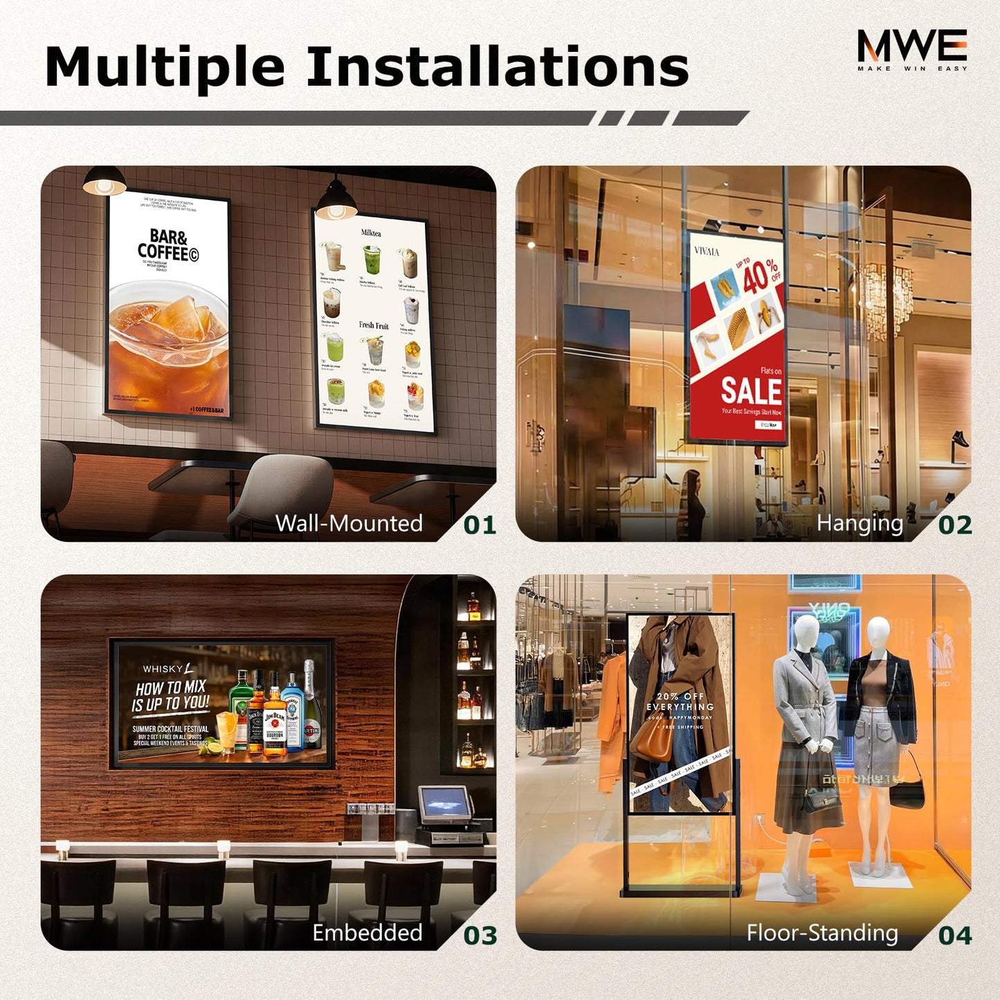 MWE 32 inch Wall Mount Digital Signage, FHD Touchscreen Monitor Android 14, Multi-Touch Screen Smart Split, Commercial Advertising Display, Time Switch, CMS Management, HD-MI/ USB/ WiFi/ for Windows