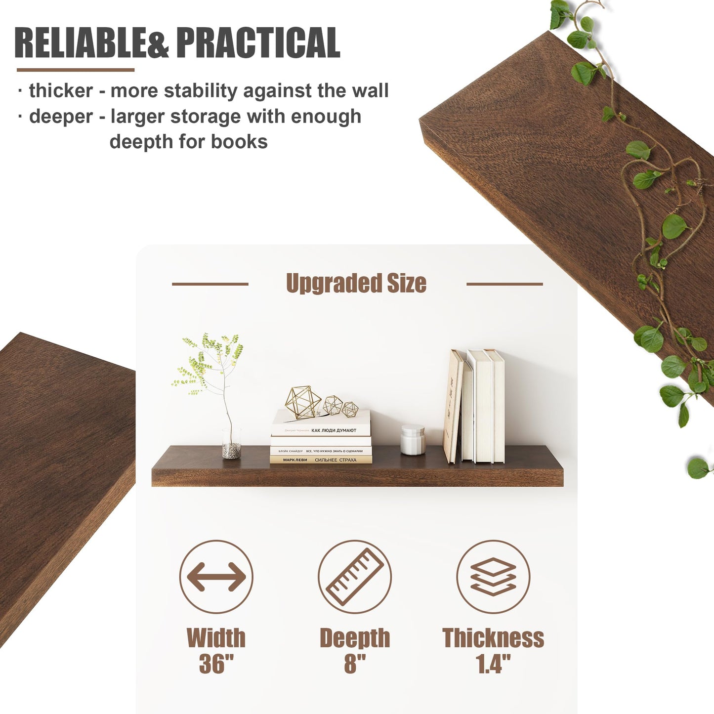 FLYJOE Floating Shelves for Wall, USA-Sourced Walnut Wood 36 Inch Long Wall Shelves Set of 2, Natural Wooden Wall Mounted Picture Ledge Shelf, Nursery Book Storage Shelf Kids Bookshelf, Display Shelf