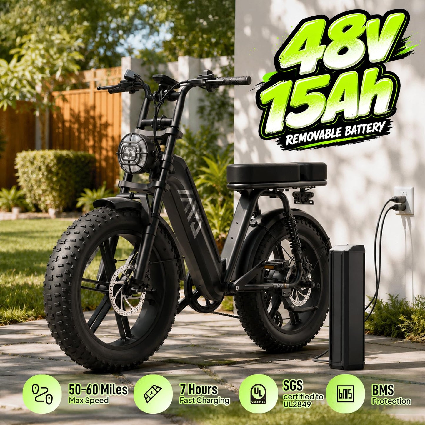 TST Electric Bike for Adults 1500W, 48V 15AH Removable Battery Step-Thru Ebike, 20" x 4.0" Fat Tire Electric Bicycle with Dual Hydraulic Brakes, Dual Suspension, Passenger Seat and Foot Pegs