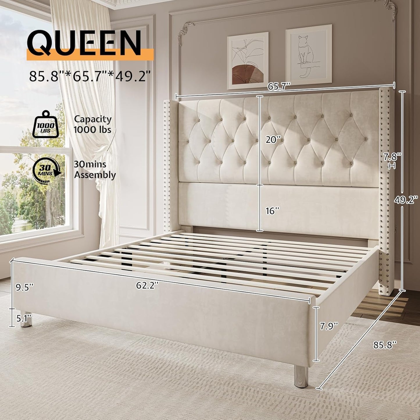 Jocisland Queen Bed Frame Upholstered Bed Wingback Headboard Velvet Tufted Diamond Button/No Box Spring Needed/Easy Assembly/Cream