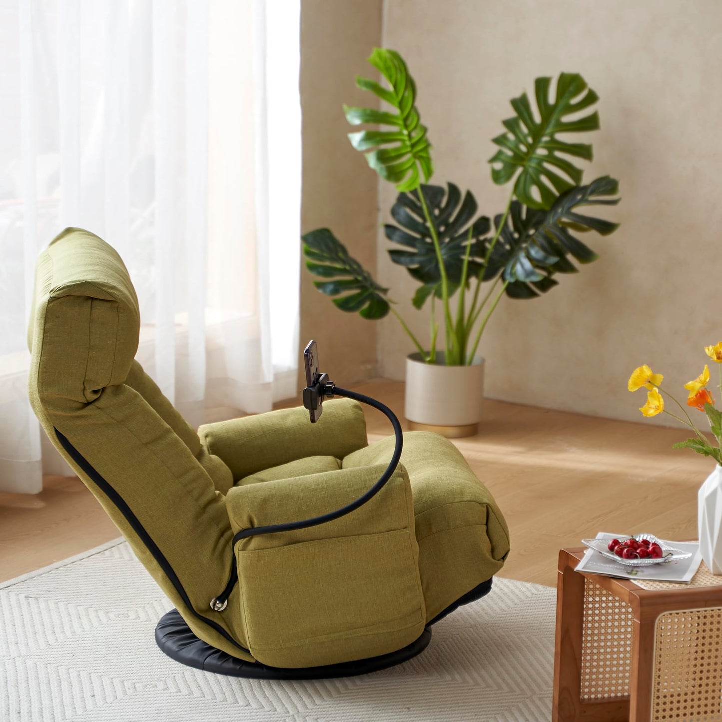 Noble House Home Furnishings Gwen Upholstered 360° Swivel Chair, Lounge Chair with Adjustable Backrest/Headrest, Metal Frame Living Room Lounge Sofa and Phone Holder, Comfy Bean Bag Chair, Green