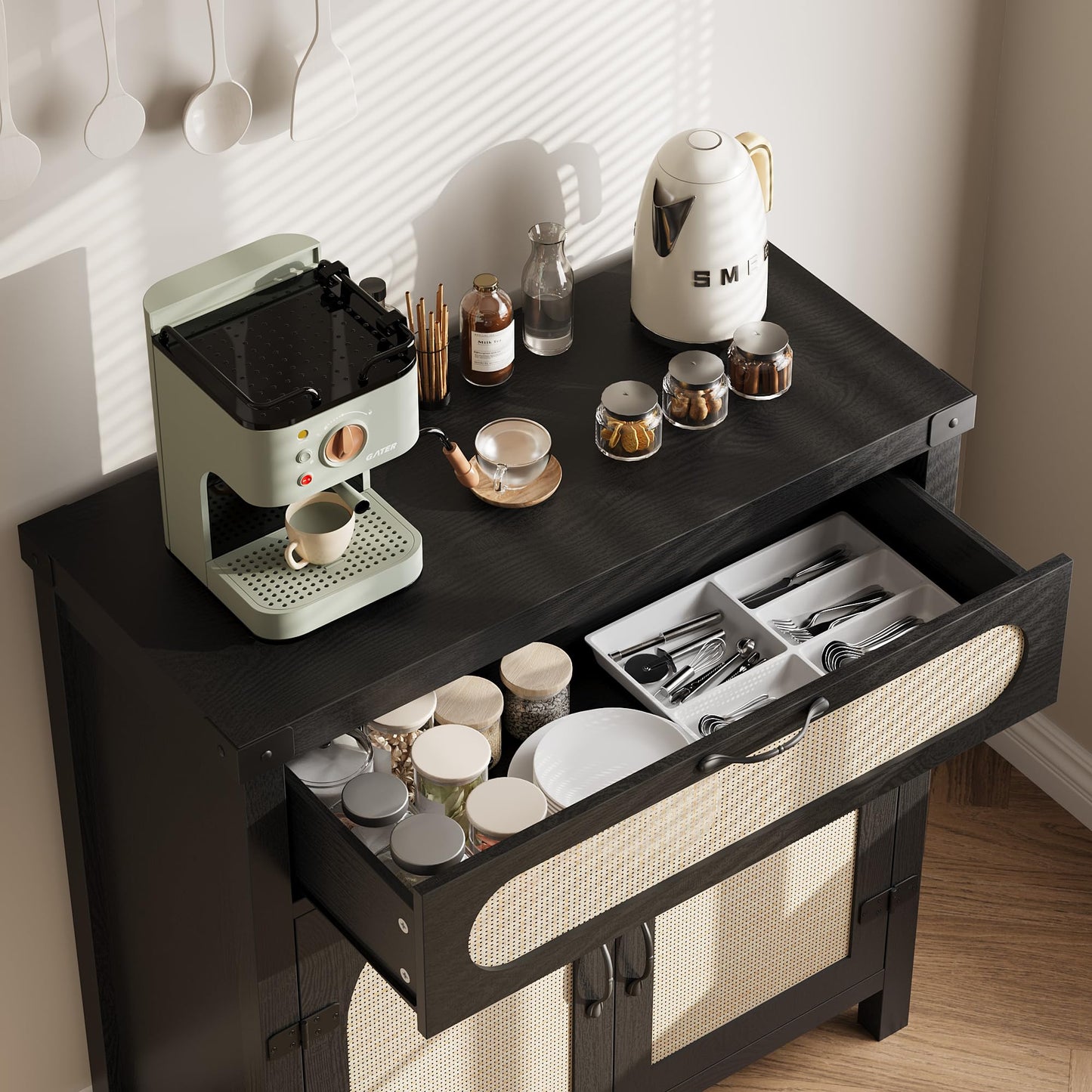 Garvee 29.9 in Small Rattan Buffet Cabinet with Storage, Kitchen Coffee Bar Cabinet with Doors and Drawer, Boho Farmhouse Sideboard with Adjustable Shelves and Handle for Living Room, Black