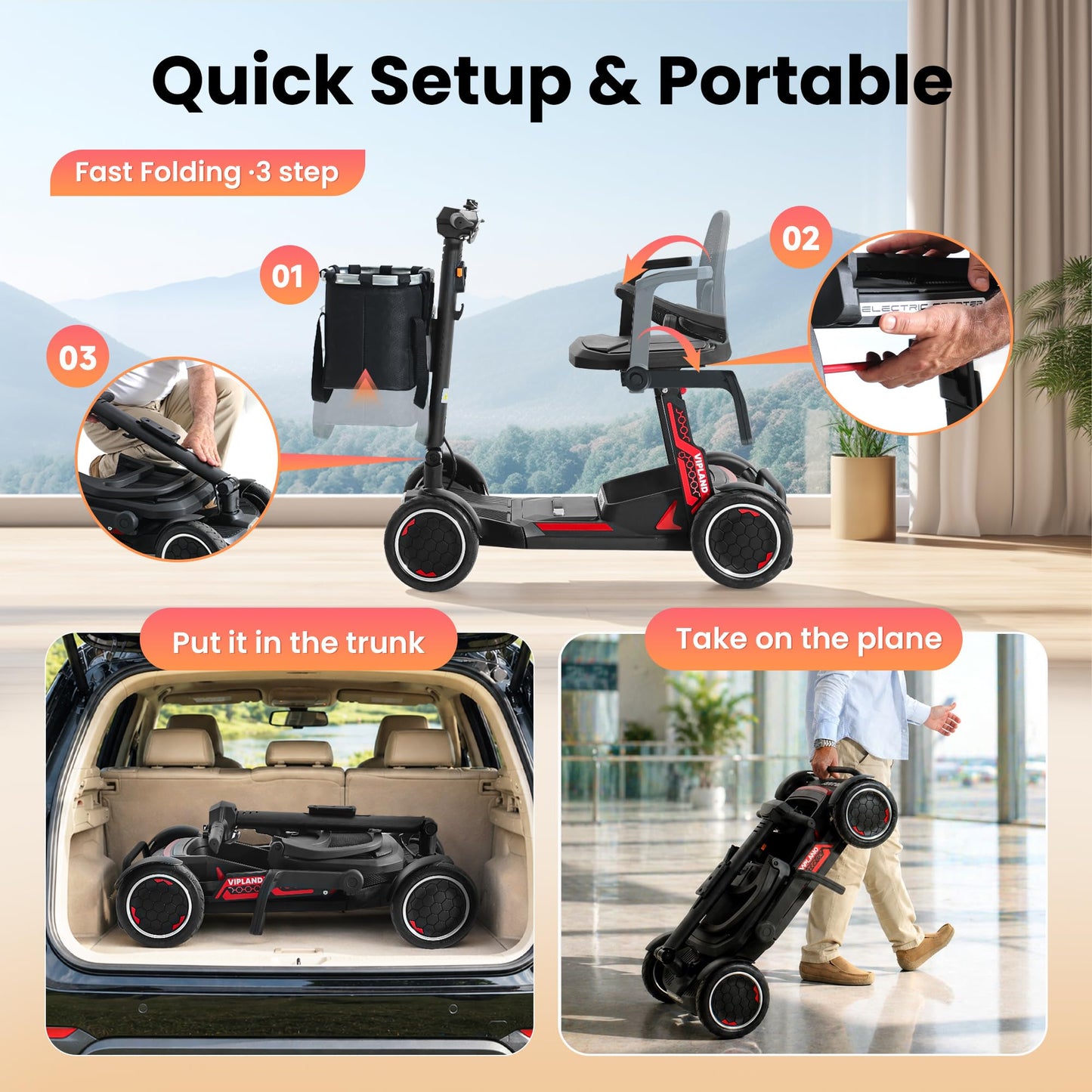 VIPLAND Lightweight Mobility Scooter, Comfortable Foldable Motorized Scooter, 20Miles Long Range, Removable Battery, 270lbs Capacity, Only 45lb Weight, with LED Headlights and Basket, Width Adjustable