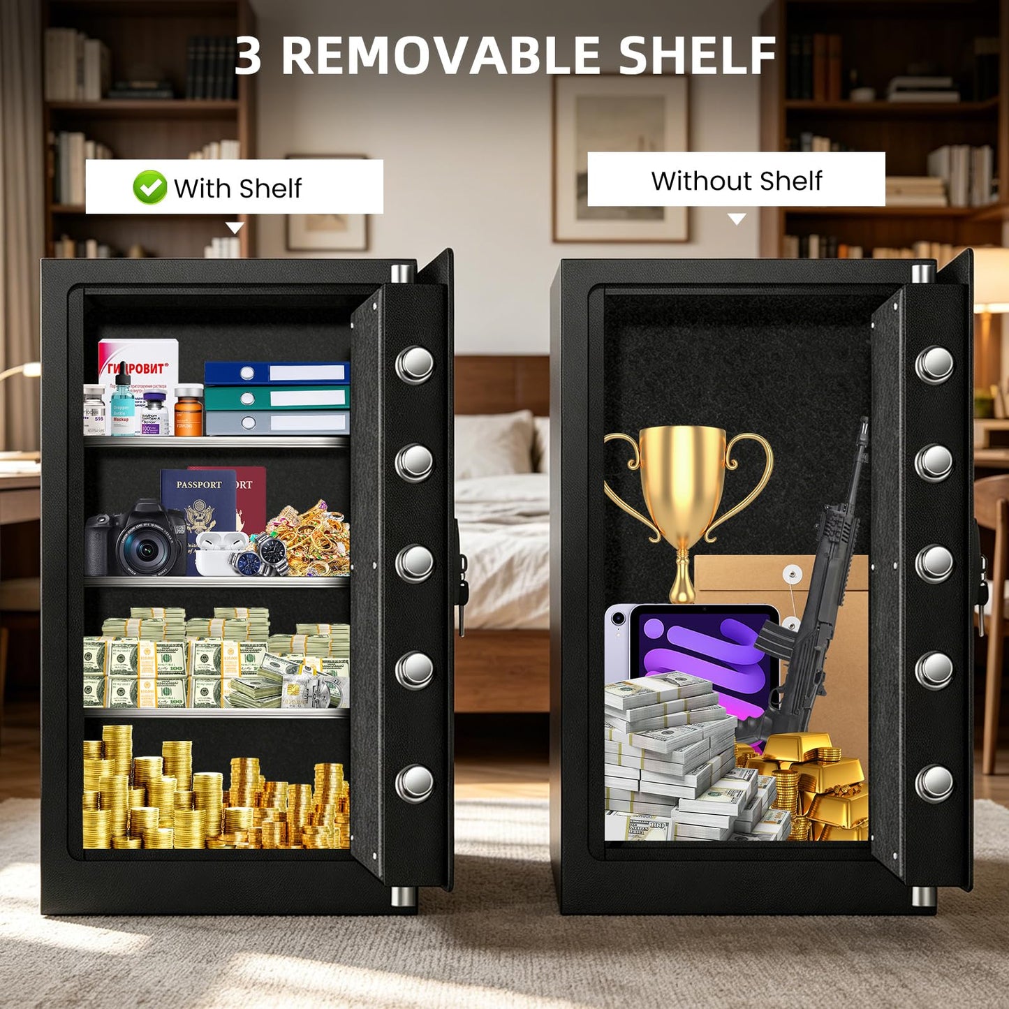 7.5 Cuft Large Fireproof Waterproof Home Safes, 1800°F Fire Safe for 35 Mins, 77Lbs Heavy Duty Home Safe Box with Digital Keypad,Sensor LED Light, Removable Shelf, Safes for Cash, Documents,Valuables