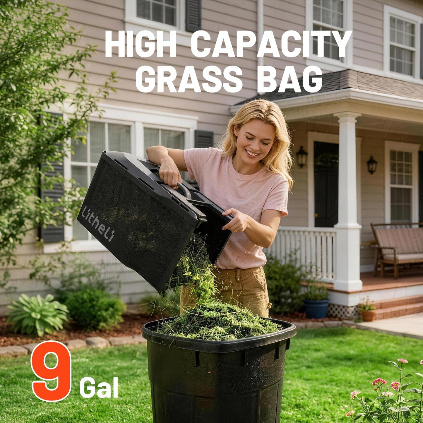 Litheli 14 Inch Battery Lawn Mower with 8.0Ah Long Runtime Battery, Brushless Motor, 5 Cutting Heights 1 to 2.5 Inch, 9 Gal Grass Catcher, Removable Handle, Ideal for Mid Size Lawns