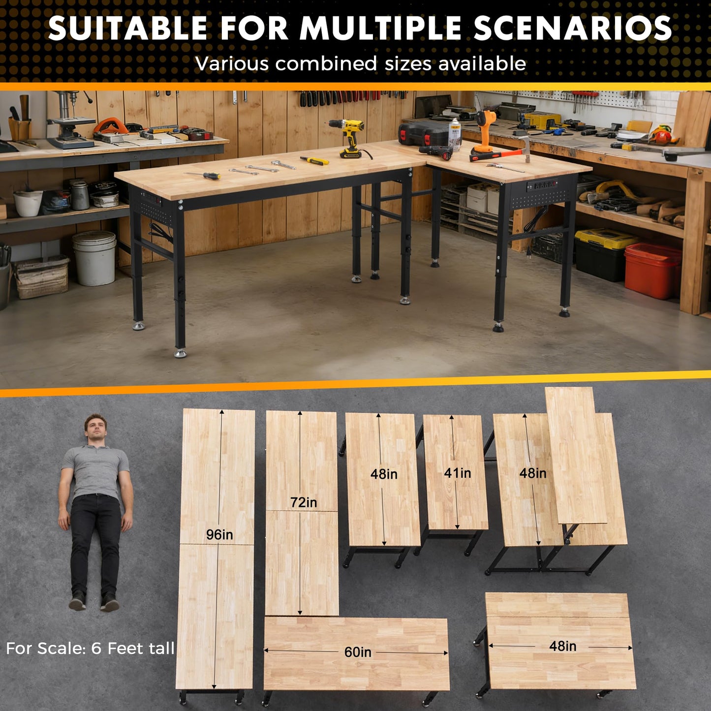60" Adjustable Workbench with Rubberwood Top & Power Outlet,Large 60 x24Inch 9-Level Height Range 27"-37", 2000 LBS Heavy Duty Capacity for Workshop, Office, Garage, Home