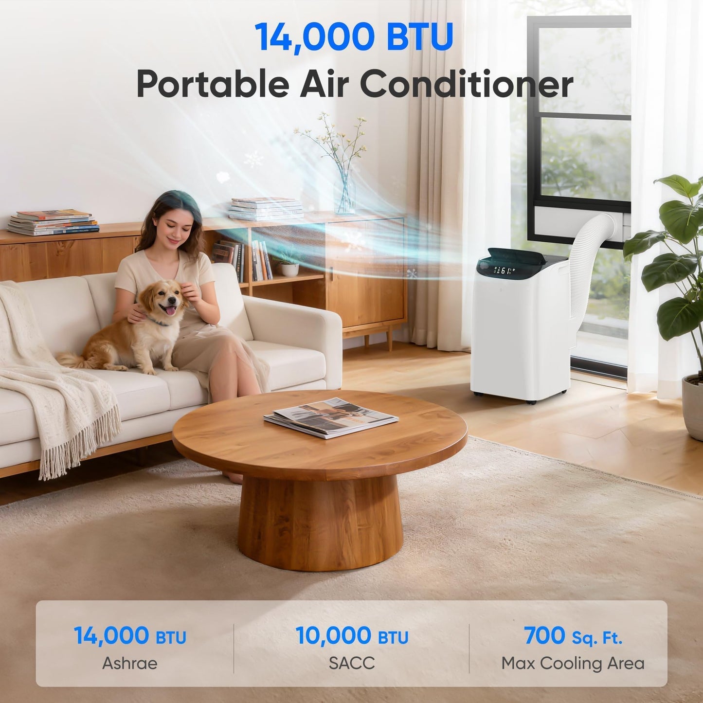 14000 BTU Portable Air Conditioners, Cooling,Fan,Dehumidification,Sleep Mode for Large Rooms up to 700 Sq.Ft, AC Unit with Remote Control, 24H Timer, Installation Kits Included