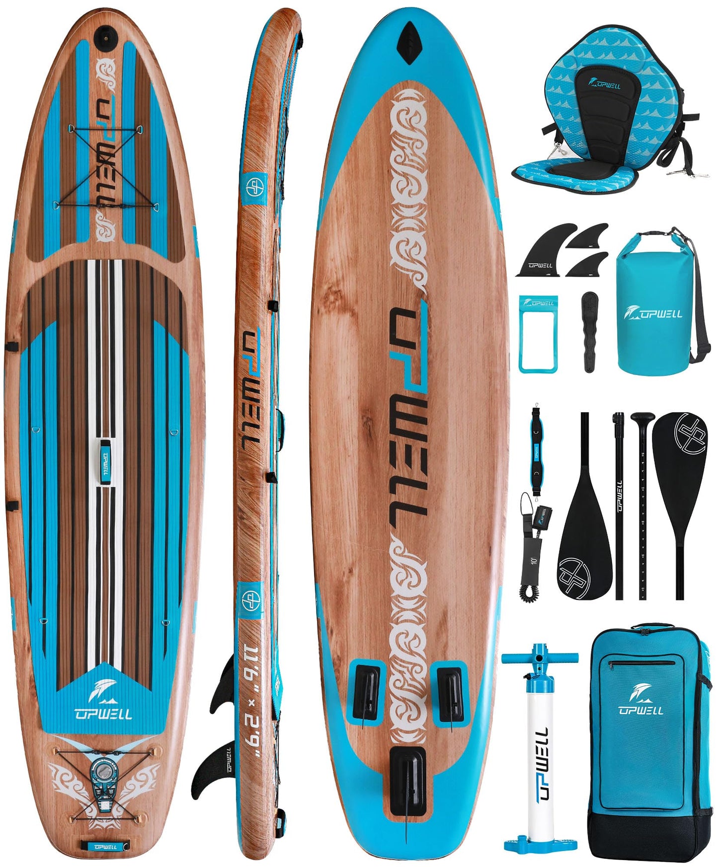 UPWELL 11’6”Inflatable Stand Up Paddle Board with Kayak Seat, Premium SUP Paddle Boards for Adults, Blow up Paddle Boards 6” Thick, Timber