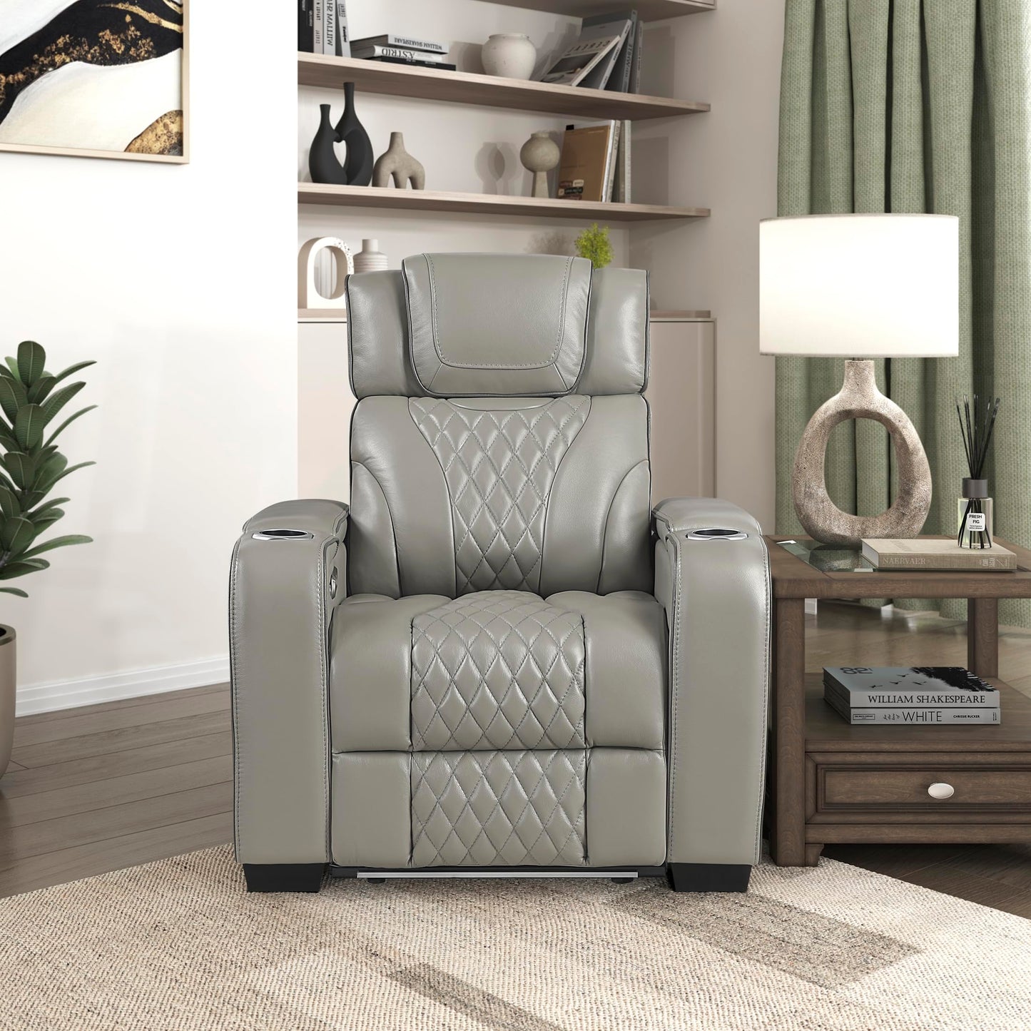 Lexicon Leather Power Recliner Chair with Heat/Massage/Headrest/Storage Arms/Cup Holders/LED Lights and Charging Ports, Top Grain Leather Match Wall Hugger Power Recliner Chairs for Adults, Grey