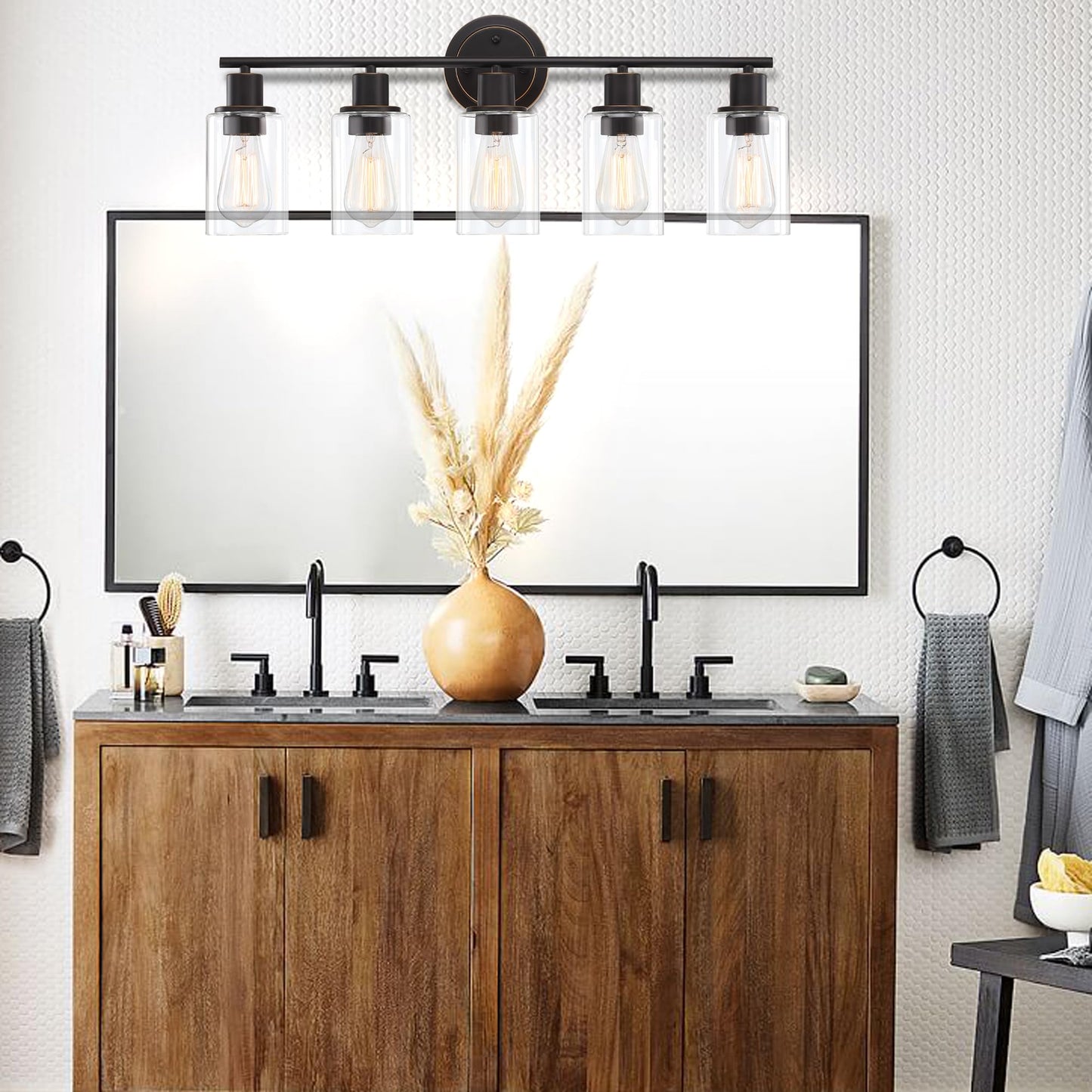 Faymart Lighting 5-Light Bathroom Vanity Light - Oil Rubbed Bronze, Glass & Metal Sconce for Above Mirror or Kitchen Sink