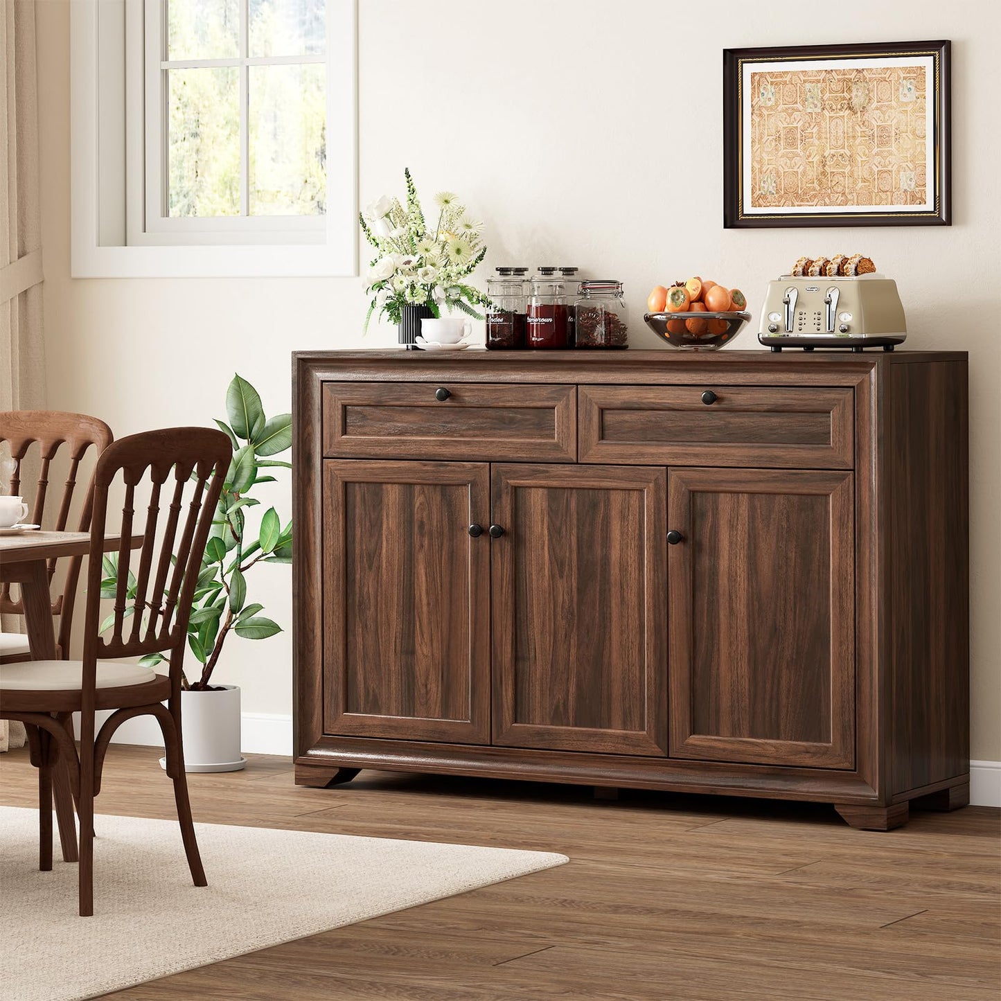 48 Inches Buffet Cabinet with Storage, Farmhouse Sideboard Buffet w/2 Drawers and 3 Doors, Wood Coffee Bar Cabinet with Adjustable Shelves, Kitchen Storage Cabinet for Dining Room/Living Room, Brown