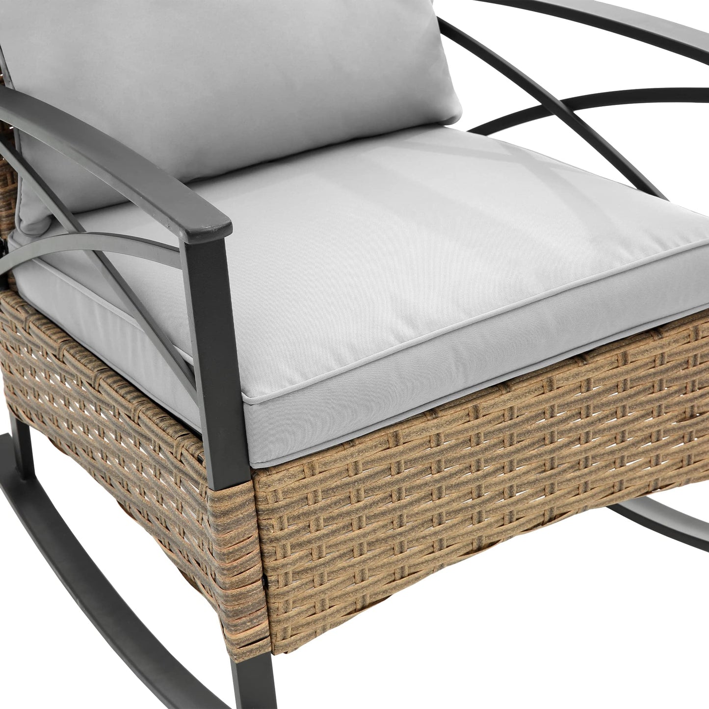 GDFStudio 3-Piece Outdoor Rattan Rocking Chair Set, Patio Wicker Rocker Chairs with Cushions & Side Table, Modern Conversation Set for Porch, Balcony, Garden, Backyard, Grey Cushions