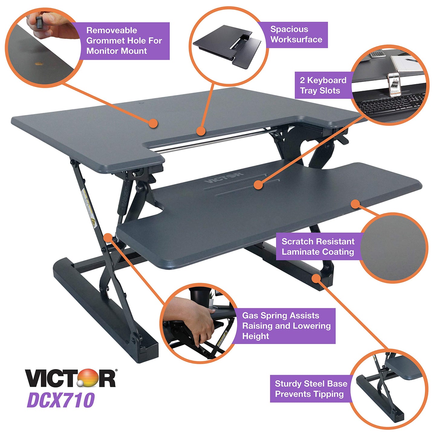 Victor DCX710G High Rise Collection Height Adjustable Standing Desk with Keyboard Tray (Gray) - Sturdy Steel Frame, Dual Lever Release System, 2 Tiered Wooden Work Surface and Keyboard Tray, 31 Inches