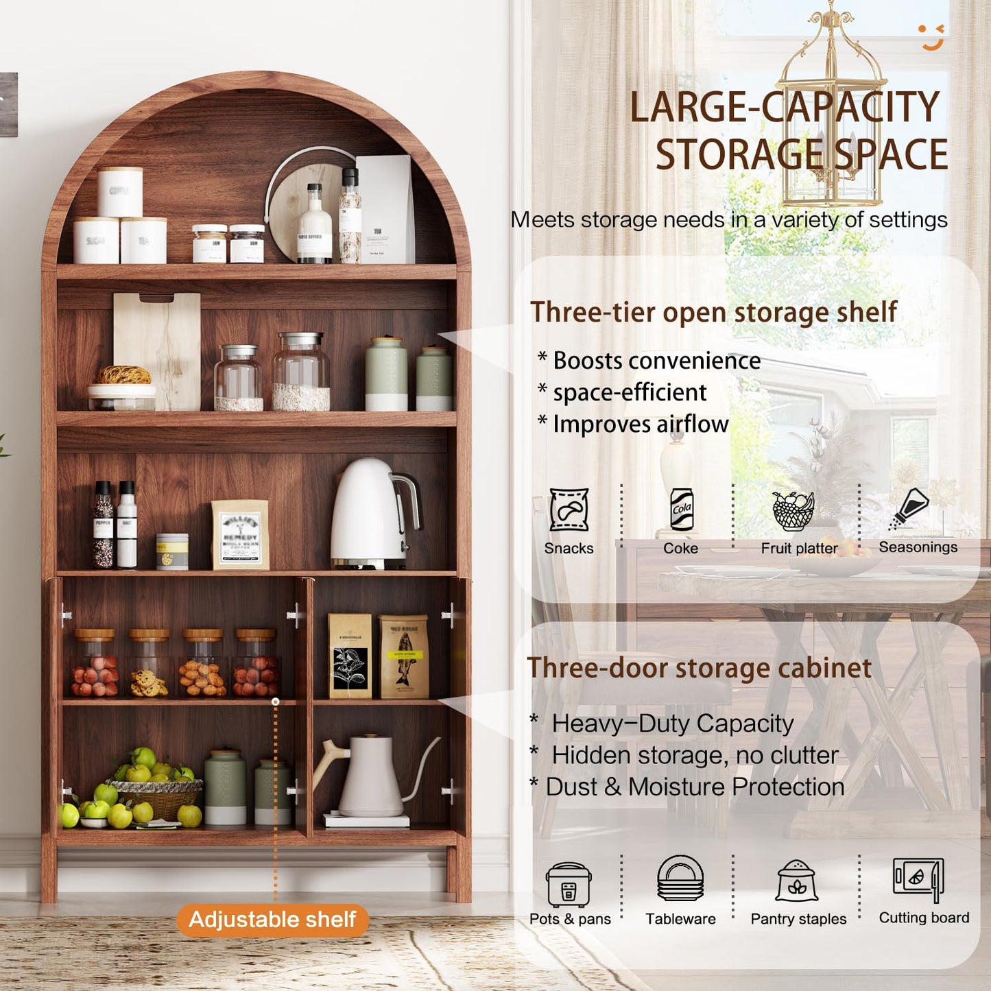 Ieejdn 71" Tall Arched Kitchen Pantry,Modern Fluted Wood Storage Cabinet with Doors,Adjustable Shelves,Organizer, Versatile Cupboard for Kitchen,Living Room,Dining Room,Bathroom,Walnut