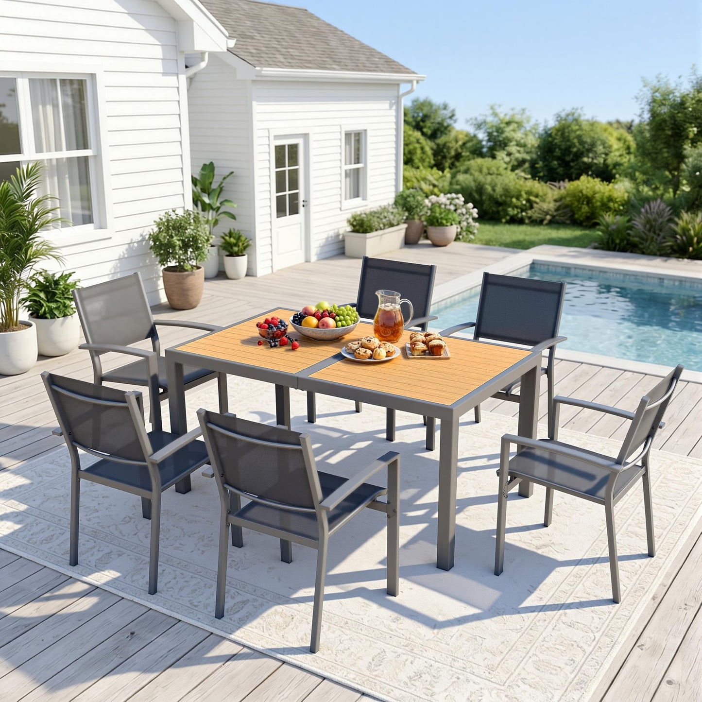 Patio Table and Chairs for 6, Outdoor Patio Dining Furniture Set with Aluminum Table and Metal Textilene Chairs, All-Weather Patio Table Set with HDPS Rectangular Tabletop for Garden Porch