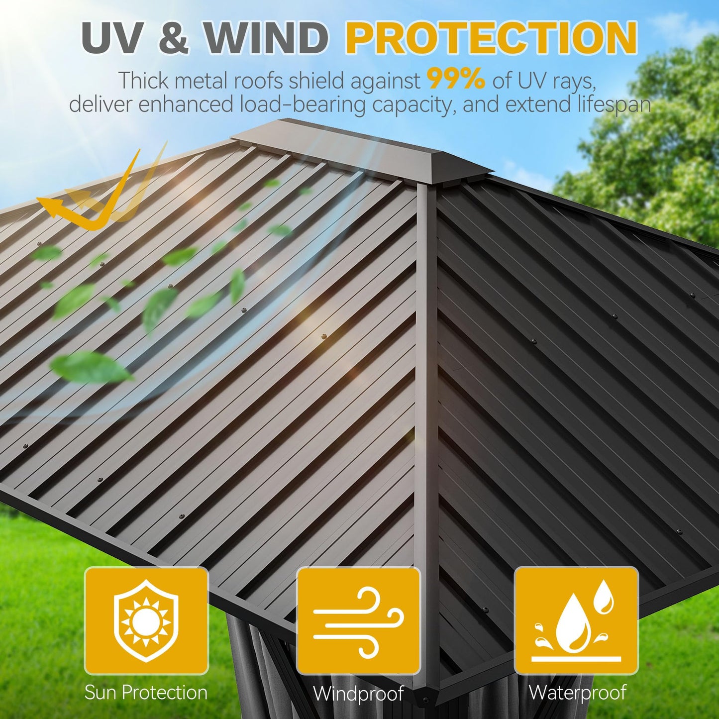 DWVO 10x12ft Gazebo Hardtop Heavy Duty Canopy with Nettings and Curtains, Galvanized Steel Outdoor Vertical Stripes Roof for Patio, Backyard, Deck, Lawns, Gray