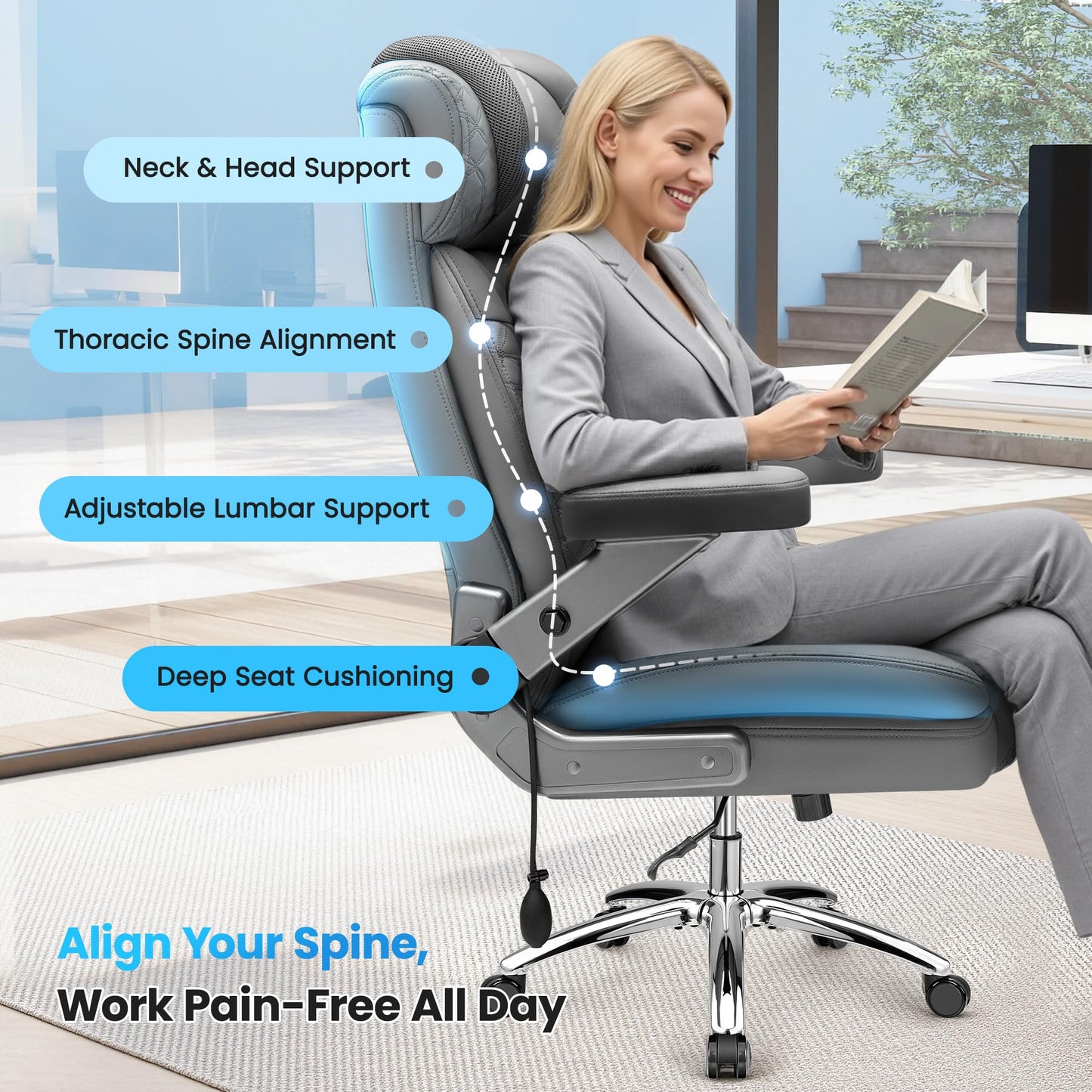 Big and Tall Office Chair for Heavy People, 500LBS Wide Seat Computer Desk Chair, Extra Large Executive Gaming Chair with Adjustable Lumbar Support and 5D Flip Arms, Comfy Heavy Duty Office Chair