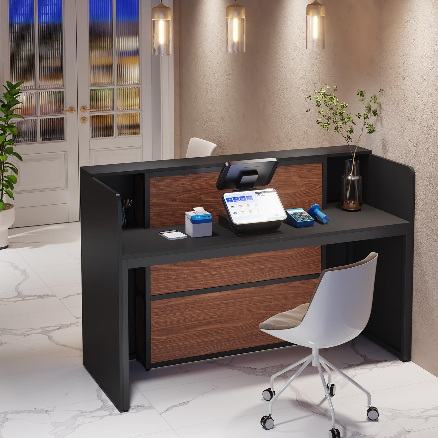 Tribesigns Reception Desk with LED Lights, 63 Inches Front Counter Desk for Checkout, Lobby, Salon, Retail, Modern Large Counter Table for Store Shop Clinic Office (Black&Brown)