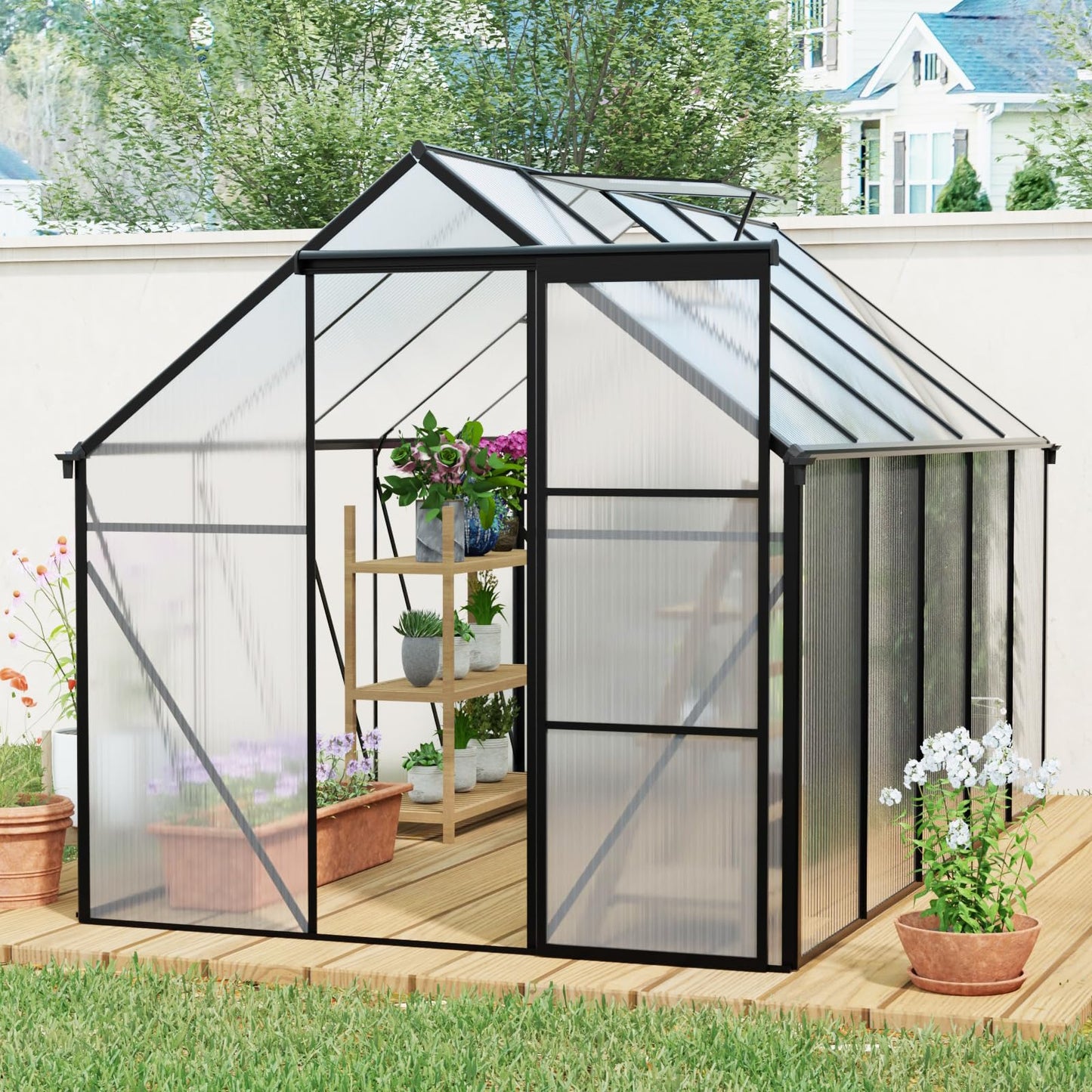 KEIKI 6x10 FT Polycarbonate Greenhouse with Aluminum Frame,Raised Base and Roof Vent,Walk-in Greenhouses for Patio Garden