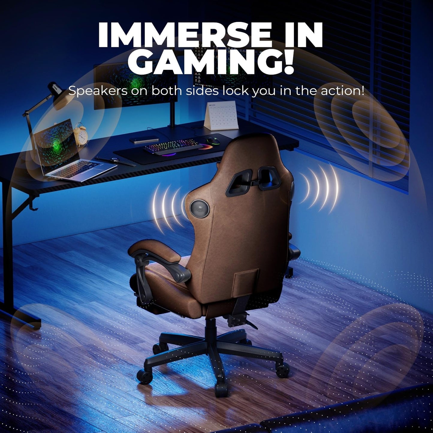 GTPLAYER ACE-PRO Music Gaming Chairs – Built-in Speakers, App Support & Bluetooth Control, Computer Game Chairs with Footrest for Adults, Ergonomic Reclining Silla, Linkage Armrest, Light Brown