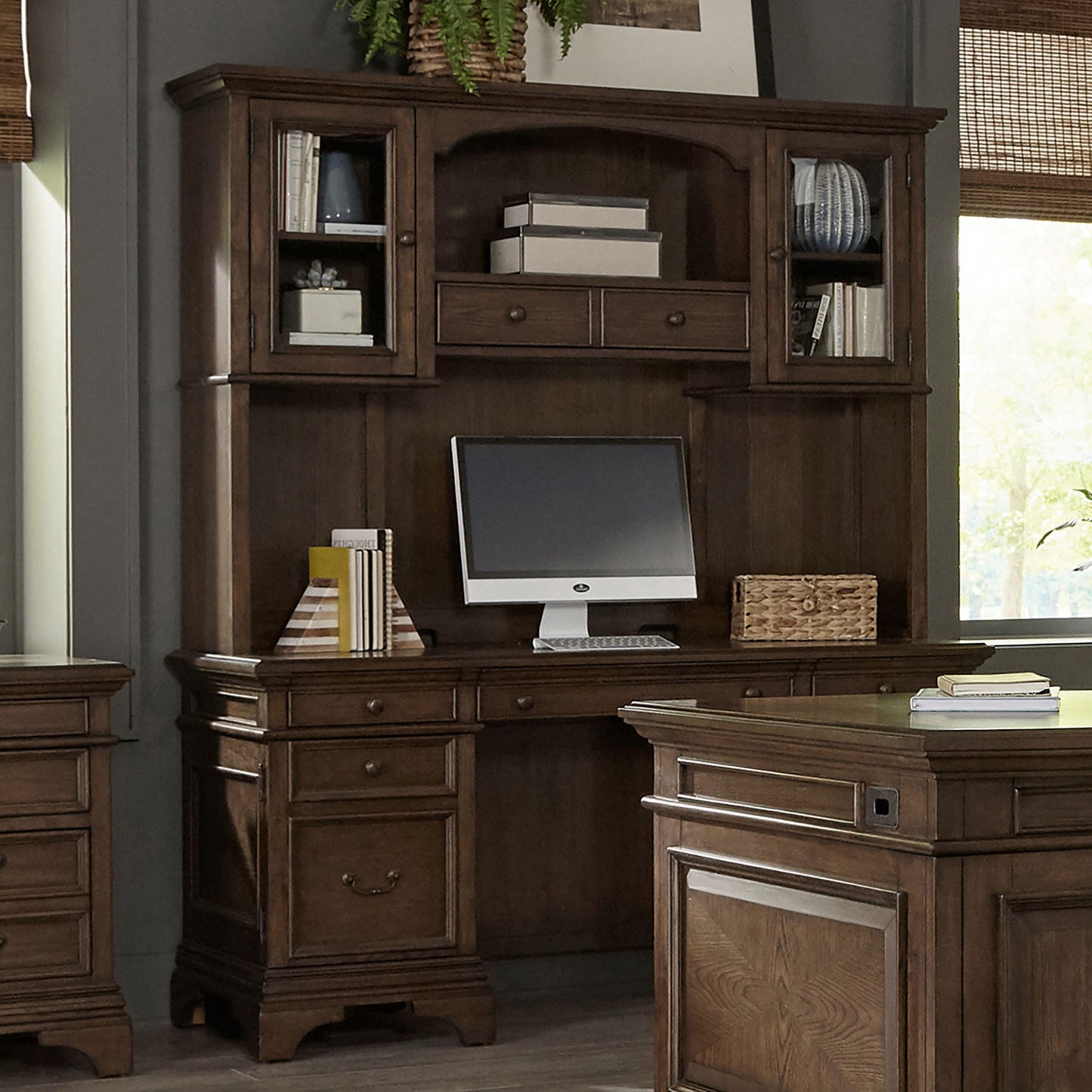 Coaster Home Furnishings - Hartshill - 5-Drawer Wood Credenza Desk with Hutch, Lockable Cabinets, USB Ports and Power Outlet - Home Office - 66-Inch - Burnished Oak - 881283