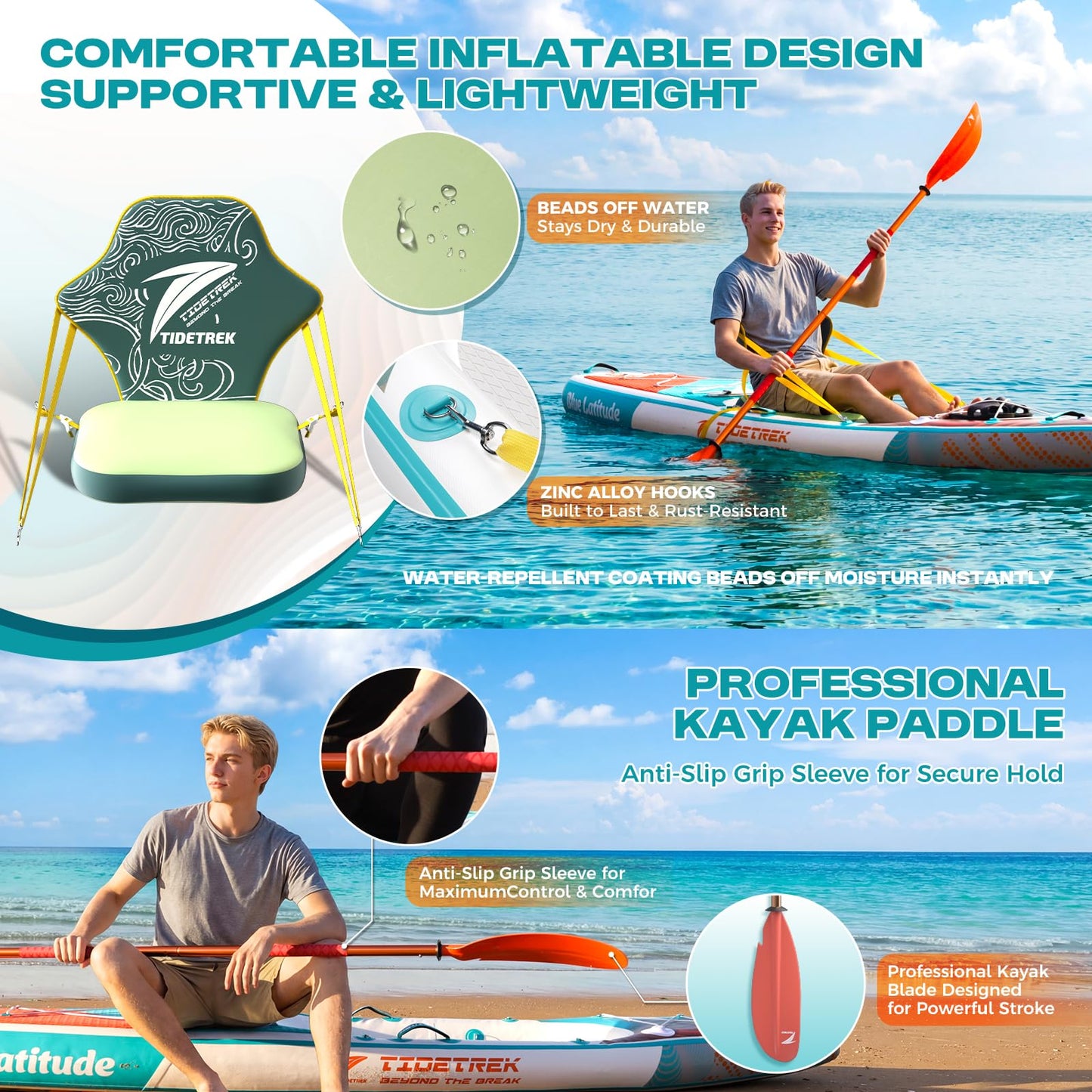 TIDETREK Inflatable Touring Kayak with Waterproof Seat & Premium Accessories, 11'3" x 35" x 8" Ultra-Stable SUP Kayak Hybrid, Non-Slip Comfort Deck for Adults & Youth (Coral Tide)