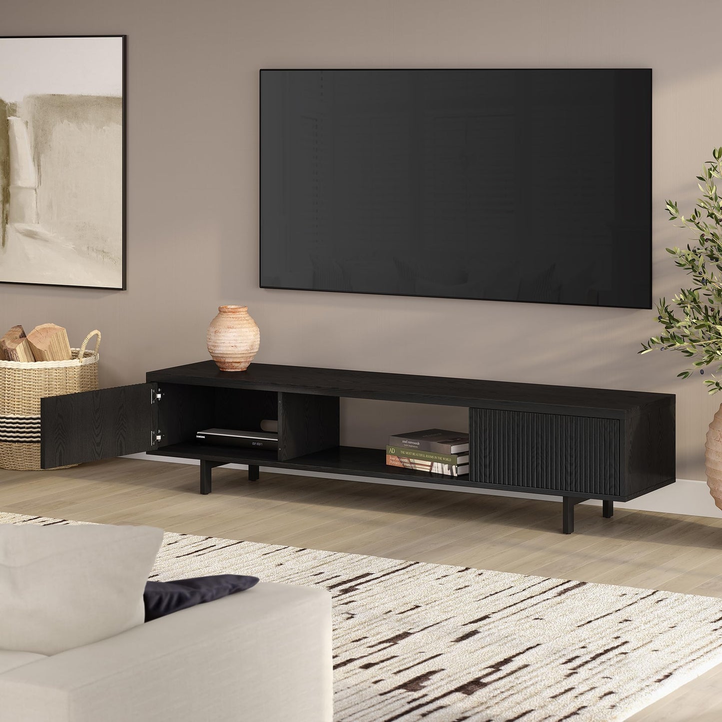 Henn&Hart Fluted TV Stand for TVs up to 78" with 2 Ribbed Side Storage Cabinets and Open Center Storage for Living Room, Family Room, or Office, Natural Black
