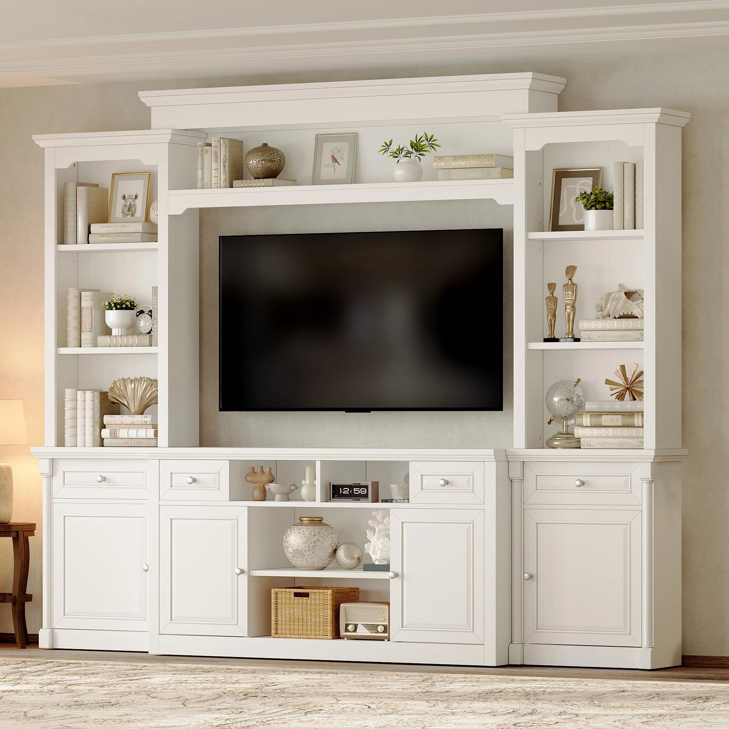 AMERLIFE 102.8" Wall Unit Entertainment Center with Bookshelves for TVs up to 65", Multifunctional TV Stand Media Console with Cabinet & Storage Drawer & Adjustable Shelf for Living Room,White