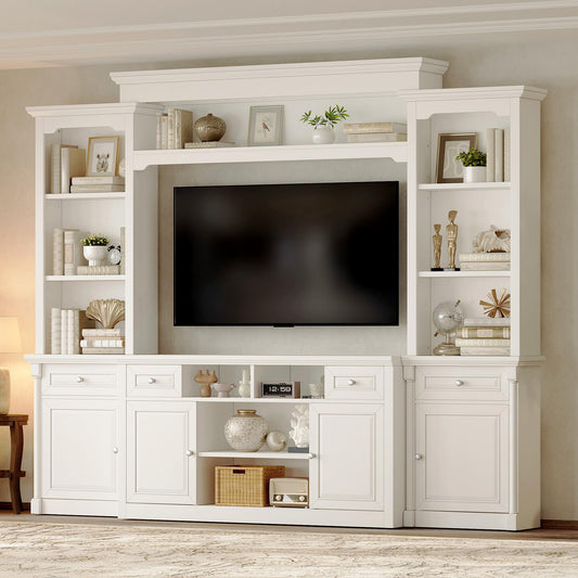 AMERLIFE 102.8" Wall Unit Entertainment Center with Bookshelves for TVs up to 65", Multifunctional TV Stand Media Console with Cabinet & Storage Drawer & Adjustable Shelf for Living Room,White
