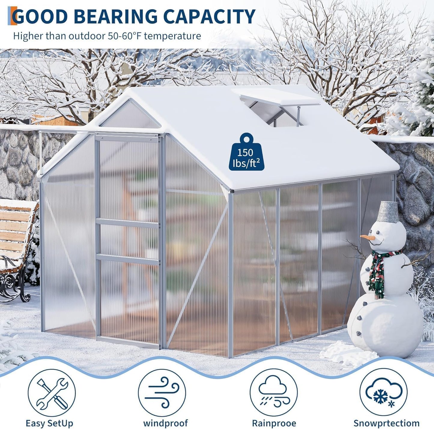 Walk-in Greenhouse 6x8 FT Aluminum Frame with Roof Vent Rain Gutter Sliding Door Perfect for Outdoor Patio Backyard Garden Apartment Balcony