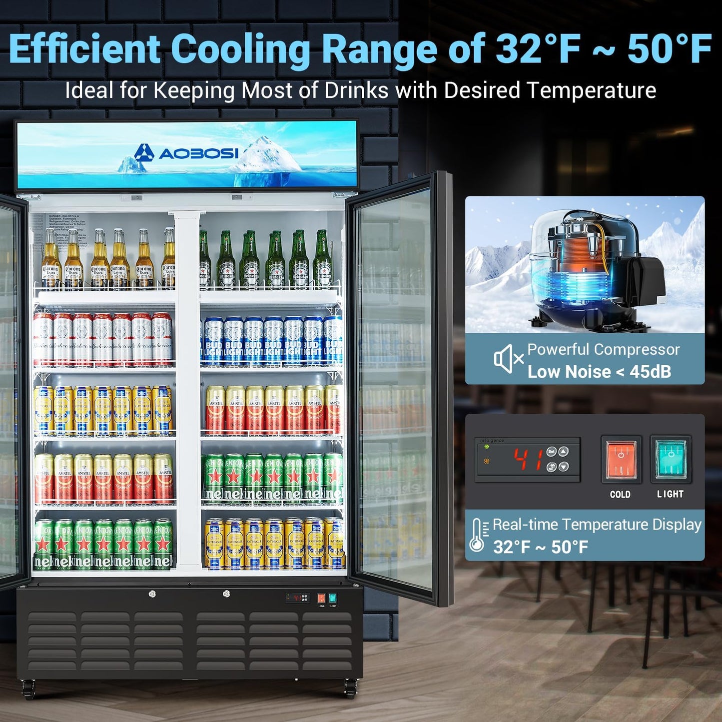 AAOBOSI 44”Commercial Merchandiser Refrigerator,27.02 Cu.Ft Glass Door Display Refrigerator,Upright Beverage Fridge with Soft LED Light,Customizable Lightbox,Universal Casters,Adjustable Shelves