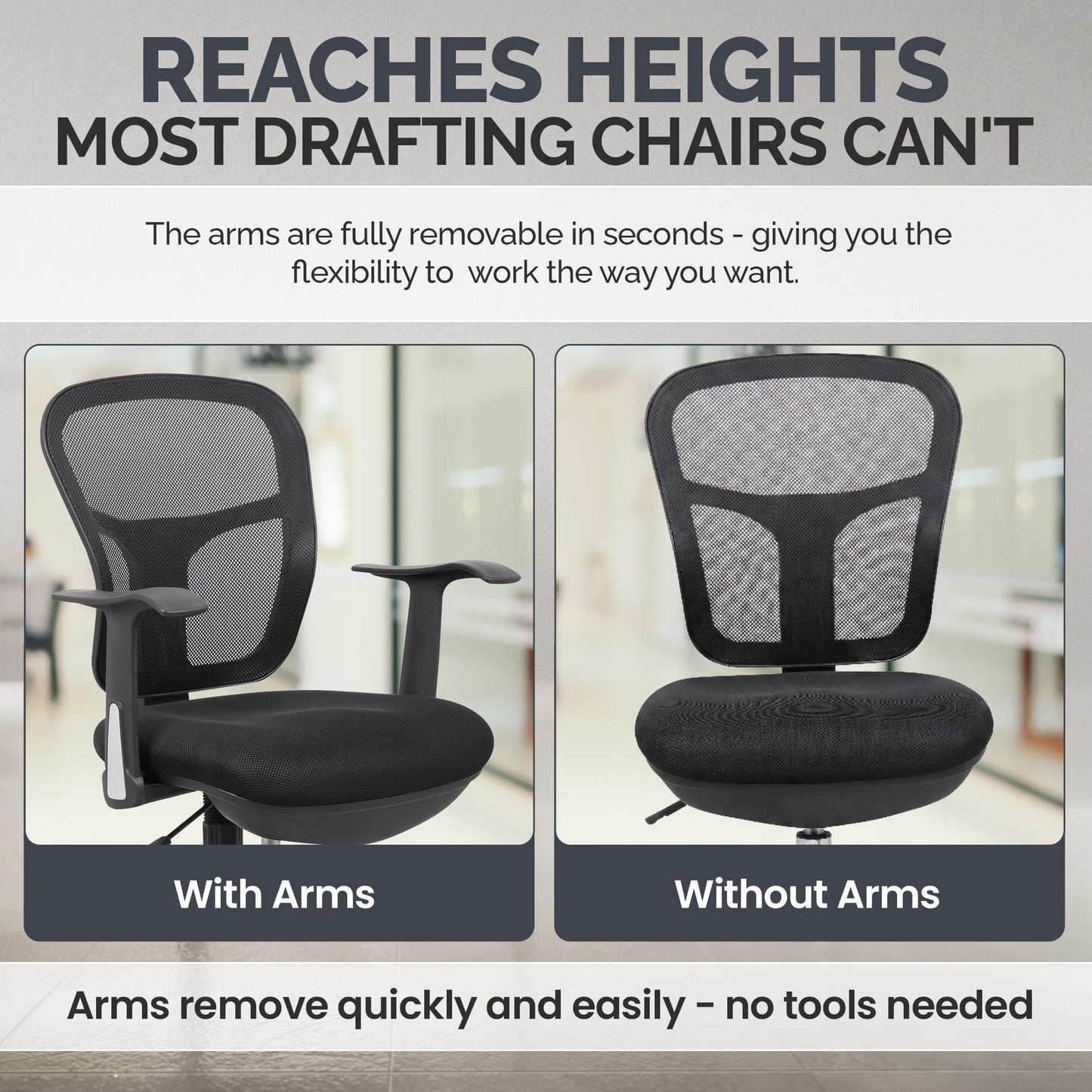 OfficeFactor Drafting Chair Tall Office Chair with Arms Executive Ergonomic Standing Desk Chair with Anti Scratch Wheels and Footrest