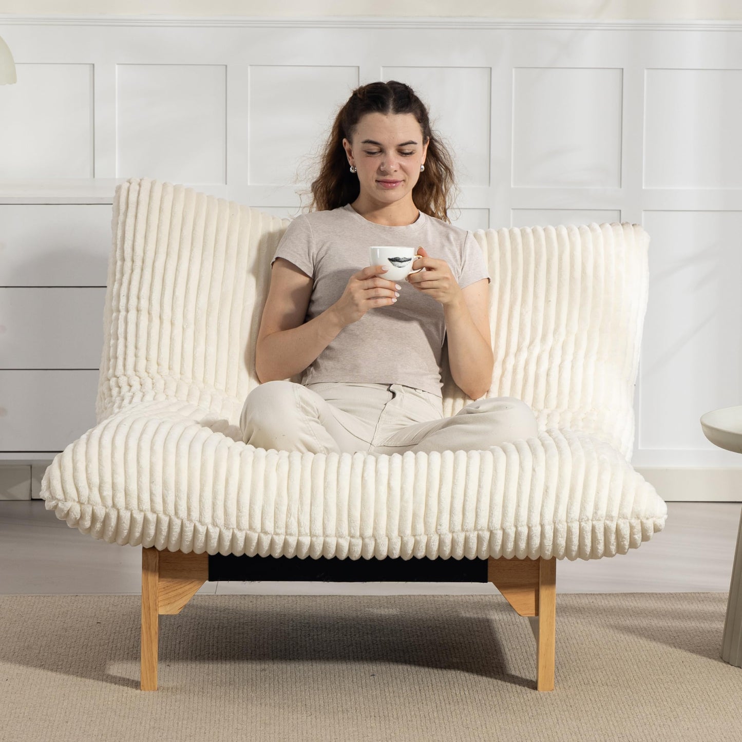 KEIKI Large Bean Bag Chair, Adults Kids Comfy Corduroy Small Couch with Wood Frame, Big Accent Beanbag Lounge Chairs Indoor, Lazy Cozy Floor Sofa Couches for Living Room Reading, Easy Assembly, Beige