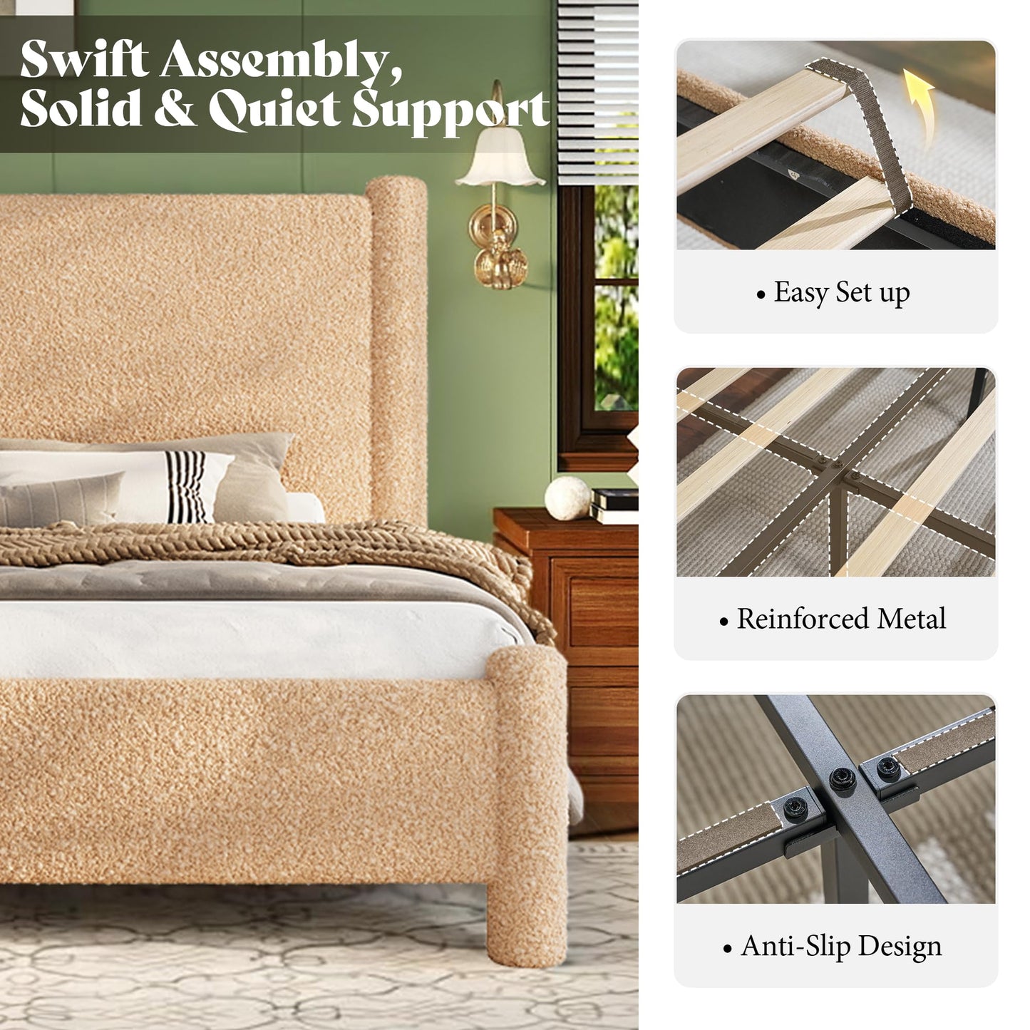 AMERLIFE King Boucle Cloud Upholstered Bed Frame with Cylinder Headboard, Modern Platform Structure, Sherpa Boucle Soft Design, No Box Spring Needed, Khaki