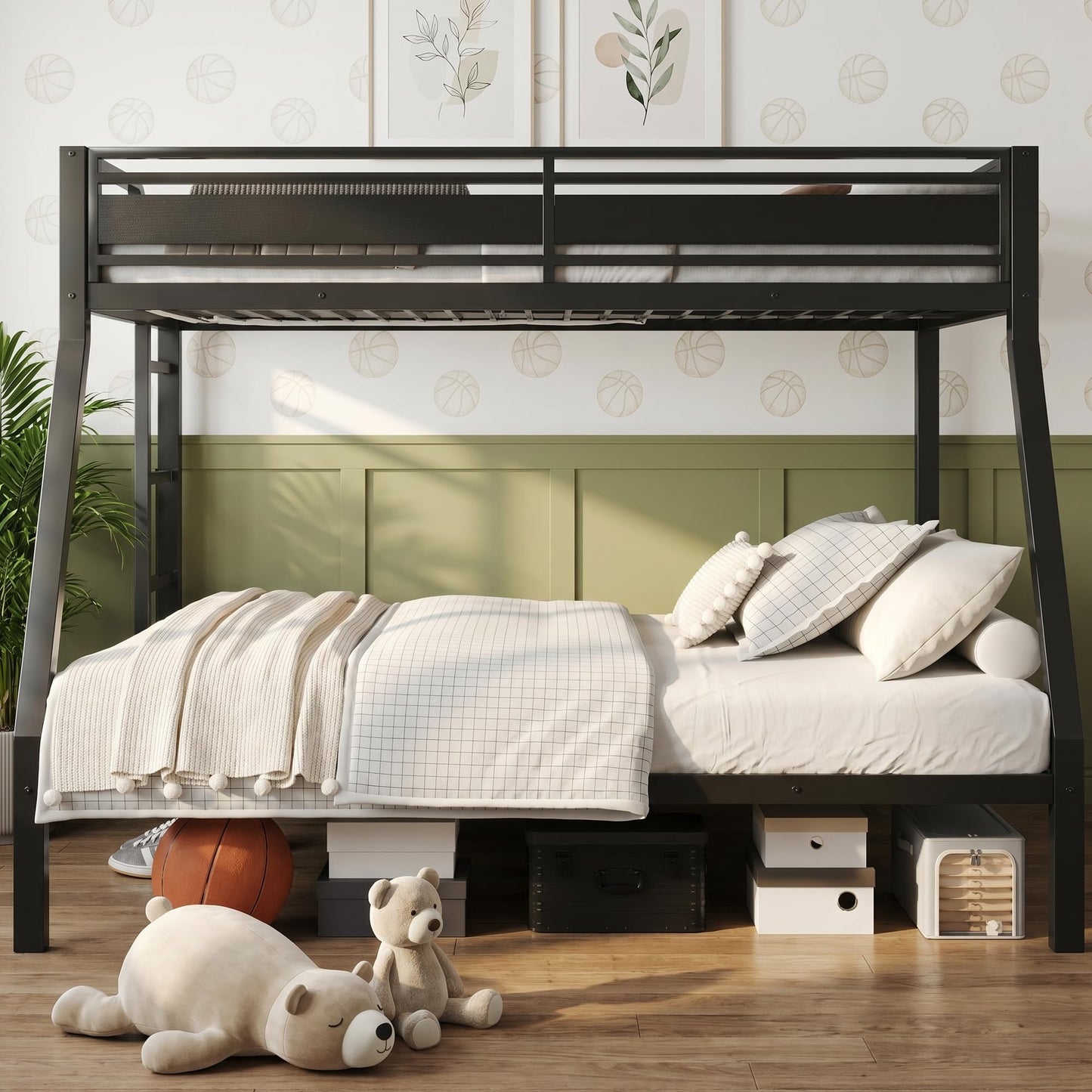 iPormis Heavy Duty Twin Over Full Bunk Beds, Metal Twin Bunk Bed Frame with 12.8" Guardrails, Loft Bed Frame for Kids and Teens, Reversible Ladder, Under Bed Storage Space, No Box Spring Needed, Black