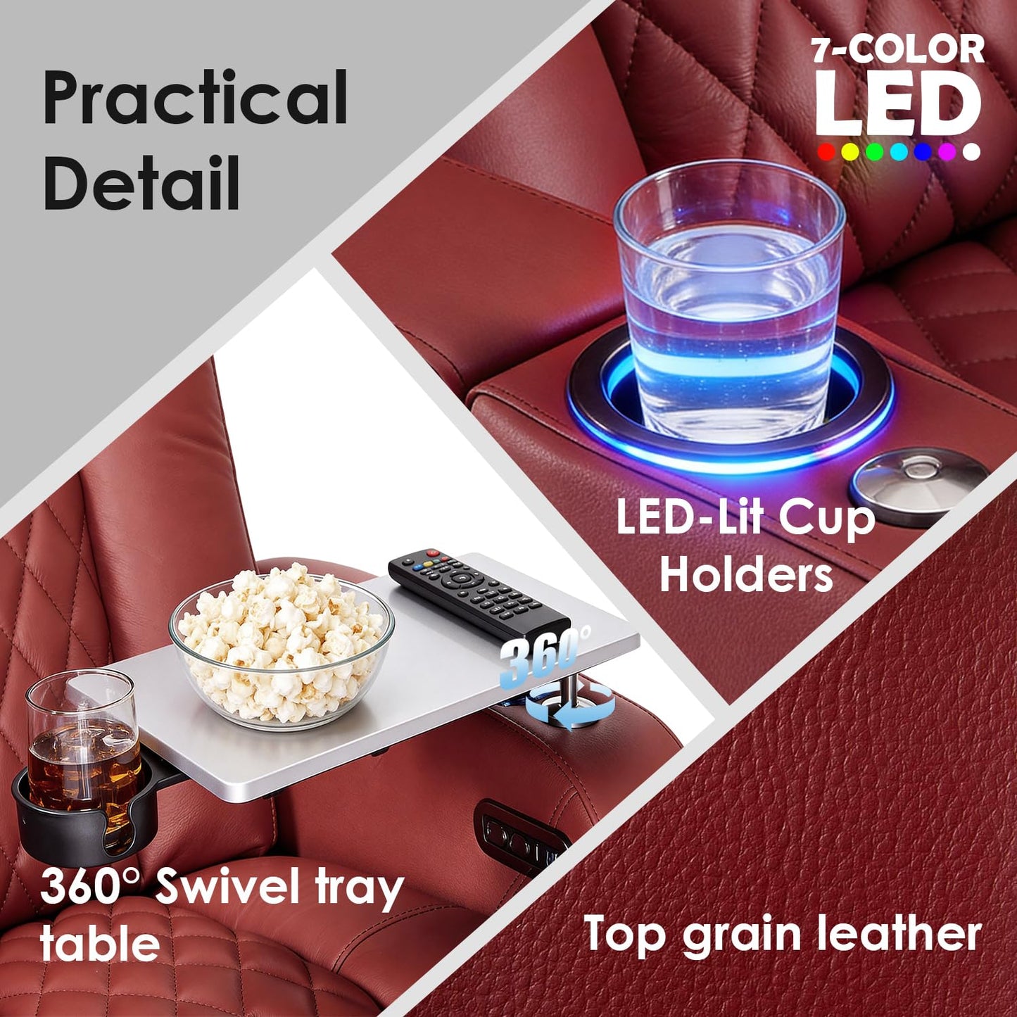 PBRO Home Theater Seating Genuine Leather Recliner Chair, Power Reclining & Headrest, USB A/C Charging Ports, Tray Table, Cup Holder Ambient Lighting Red Row of 1