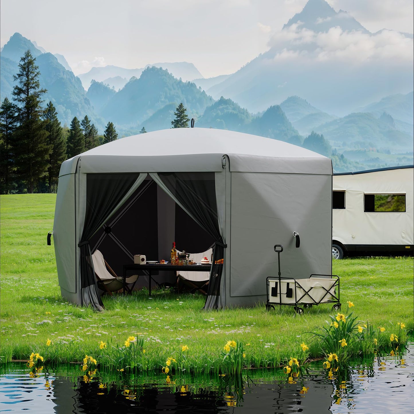 Garvee 13FT Pop-Up Gazebo 6-Sided, Outdoor Canopy Tent with Mosquito Netting & Removable Wind Cloths for Camping, Backyard Parties, Outdoor Events, Grey