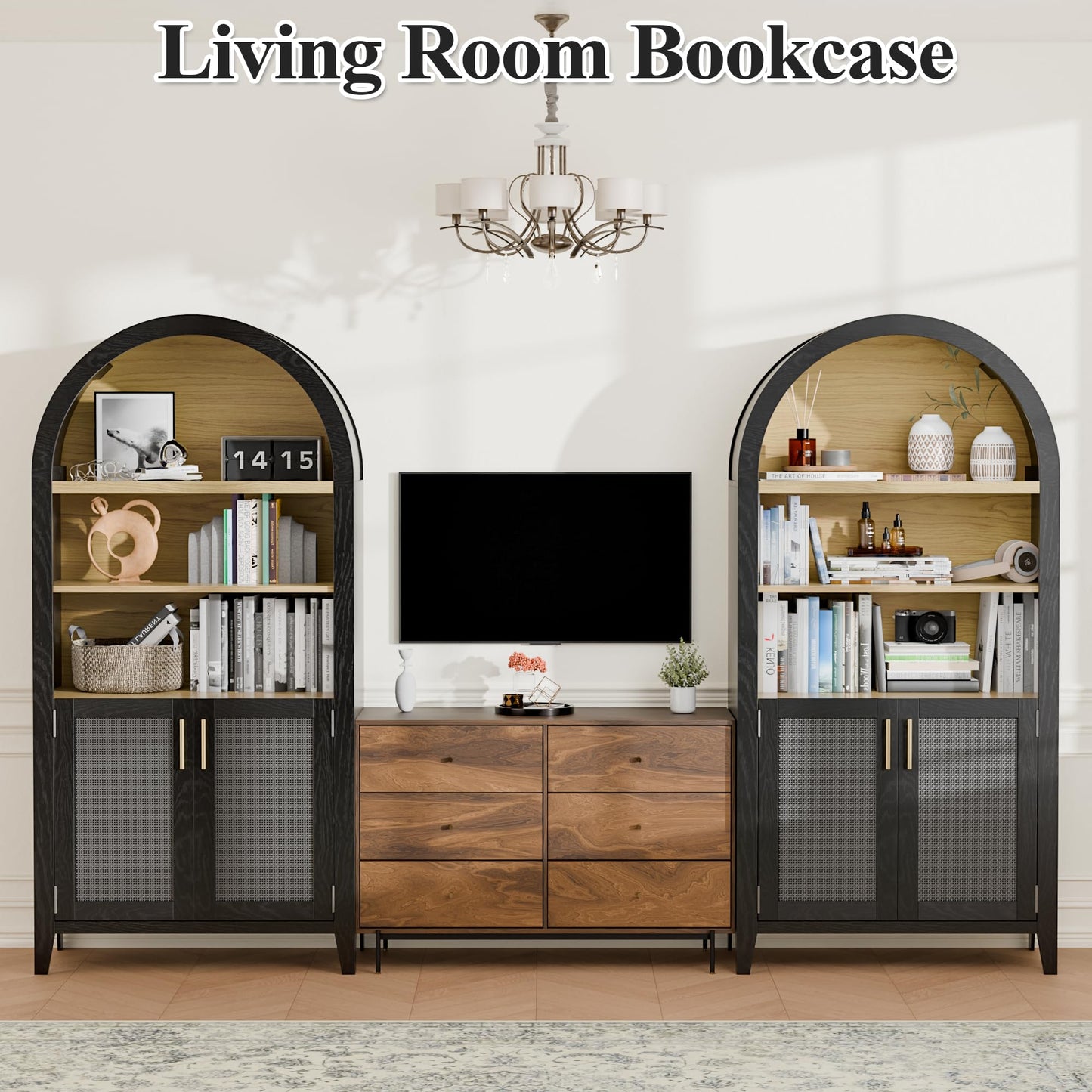 Topcomfy 63" Arched Bookshelf with Rattan Doors, Mid Century Modern Bookcase with Adjustable Shelves, 5-Tier Wood Storage Display Cabinet for Living Room, Home Office, Black