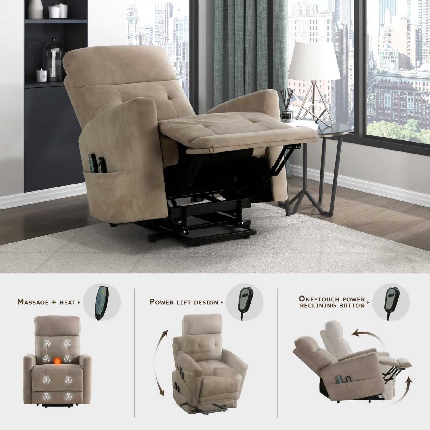 Lexicon Power Lift Recliner with Heat and Massage for Adults Elderly Ergonomic, Textured Microfiber Tufted Lounge Chair Classic Single Sofa Recliner with Side Pockets, Home Theater Seating, Brown