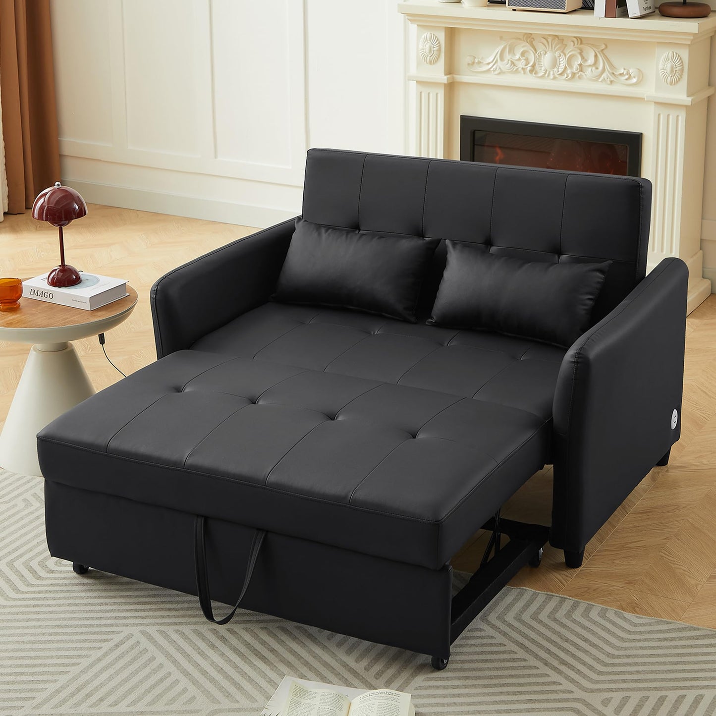 Eafurn Convertible Sleeper Sofa Bed Modern PU Leather Loveseat Sofa with Pull-Out Bed, Futon Loveseat Couch for Small Spaces, Office, Guest Room, Living Room,RV, with USB Charging Port