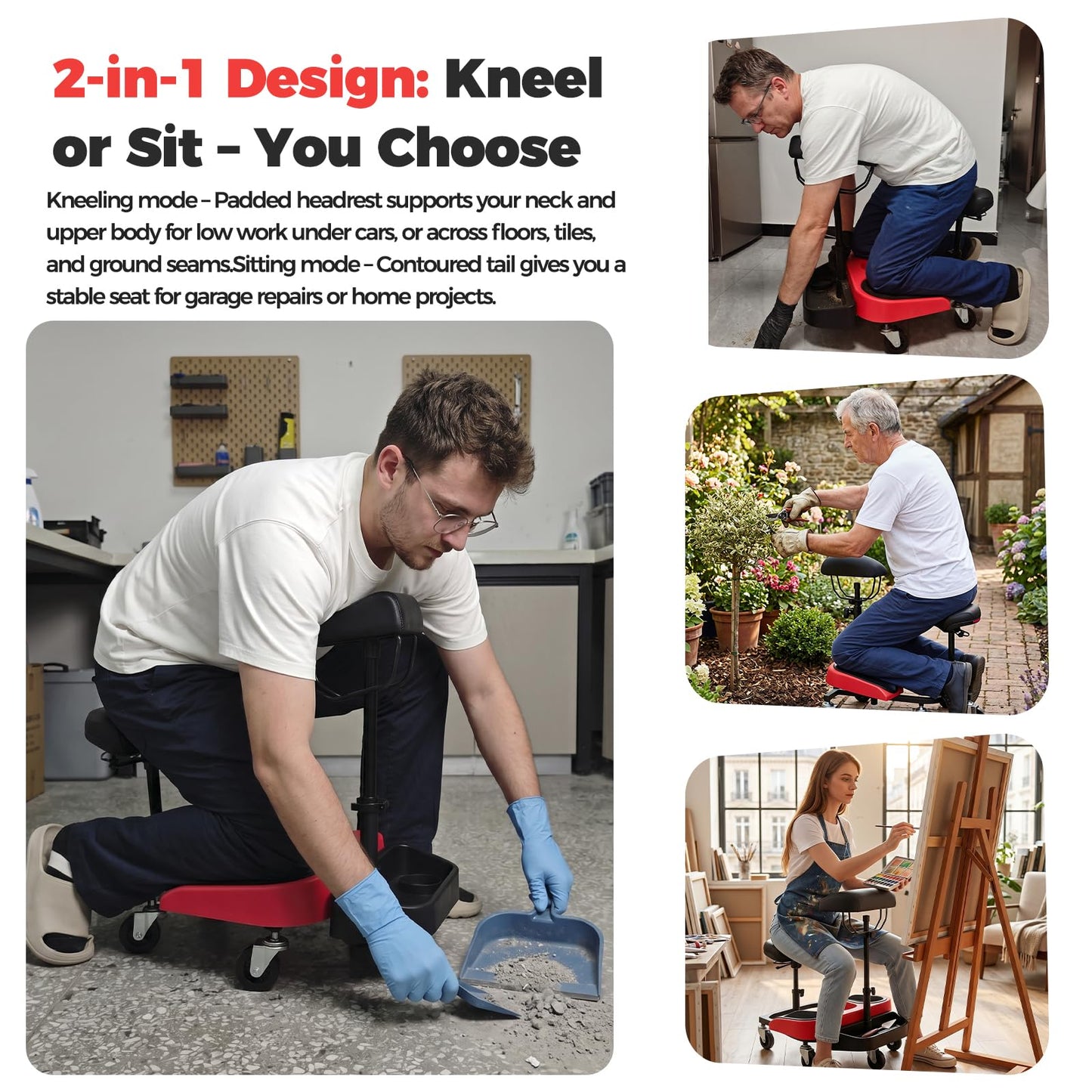 Heavy-Duty Kneeling/Sitting Creeper with Adjustable Seat & Tool Tray – 300lb Capacity Rolling Knee Work Seat for Auto Repair, Flooring, Landscaping & DIY – Padded Knee Support & Smooth Casters