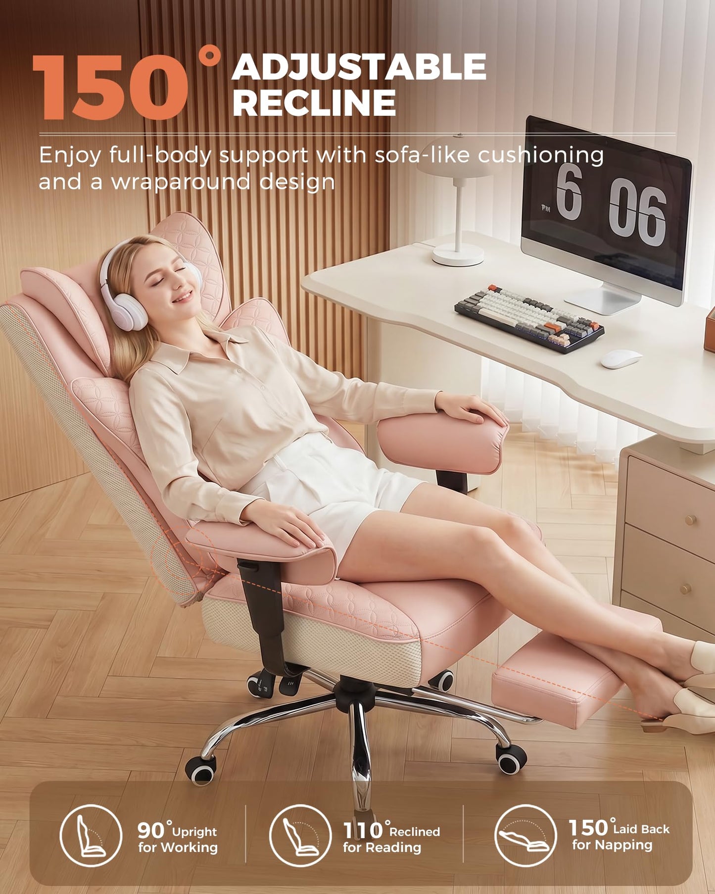 GTPLAYER Big and Tall Office Chair, Wide Ergonomic Gaming Chair with Deluxe Embossing Designed Leather with Foot Rest,150°Reclining Adjustable Soft Armrests Pocket Spring Back Support and Pillow