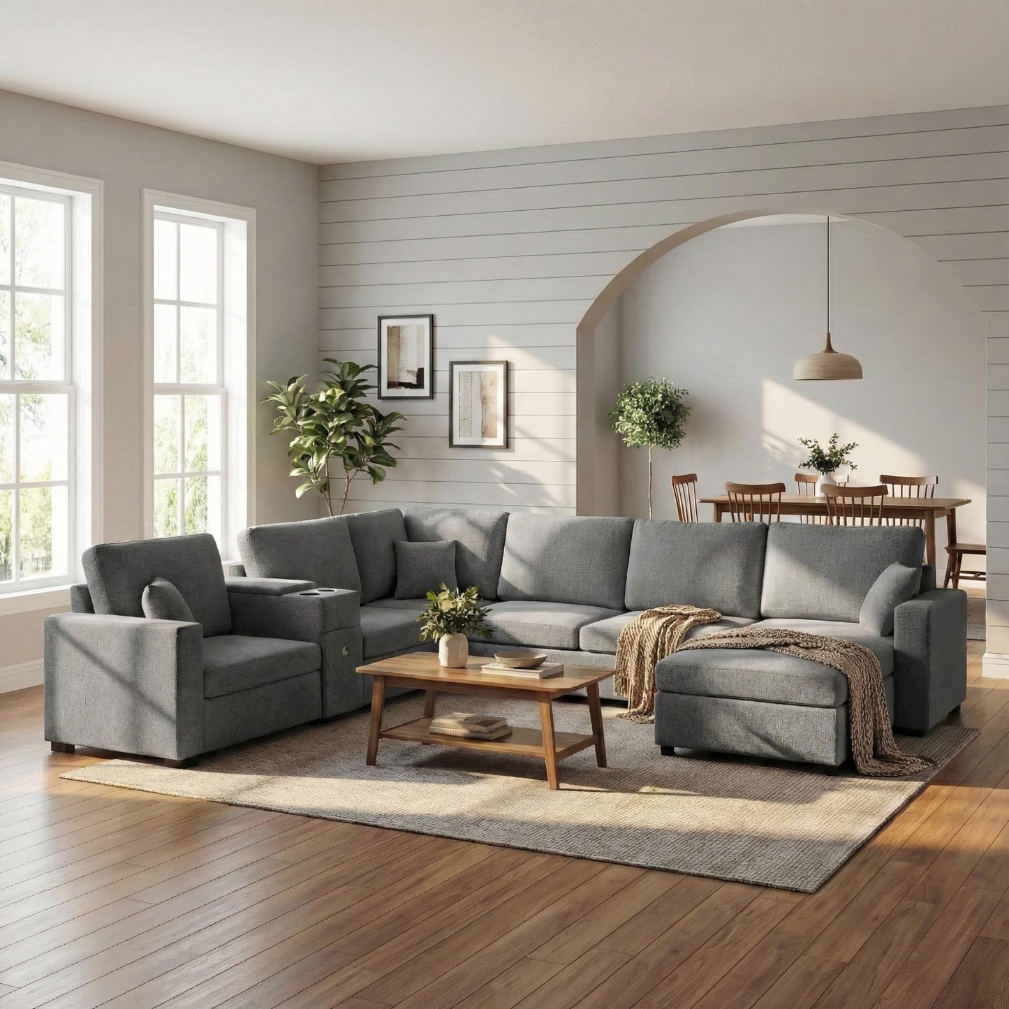 Merax Modern Oversized U-Shaped Sectional Sofa with Piollows & Chaise Lounge, Chenille 5-Seat Couch Set Sleeper Bed with Cup Holders, Storage Drawer for Living Room, Easy Assemble, Gray