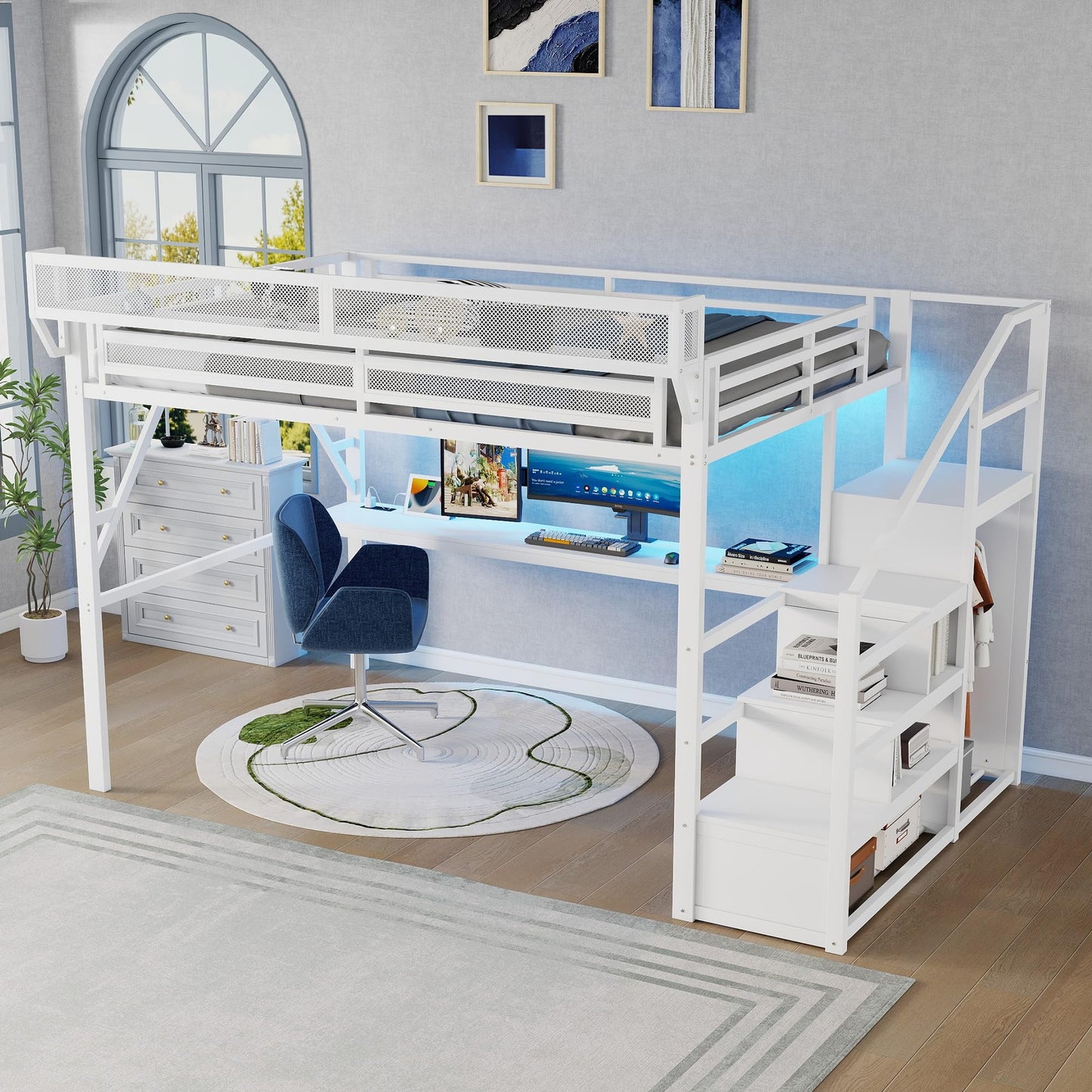 KEIKI Queen Size Metal Loft Bed Frame with Desk, Staircase, Built-in Storage Shelves and Wardrobe, Modern Loft Bed with Solid Slat, Guardrail, No Box Spring Required, Easy Assembly, for Bedroom, White