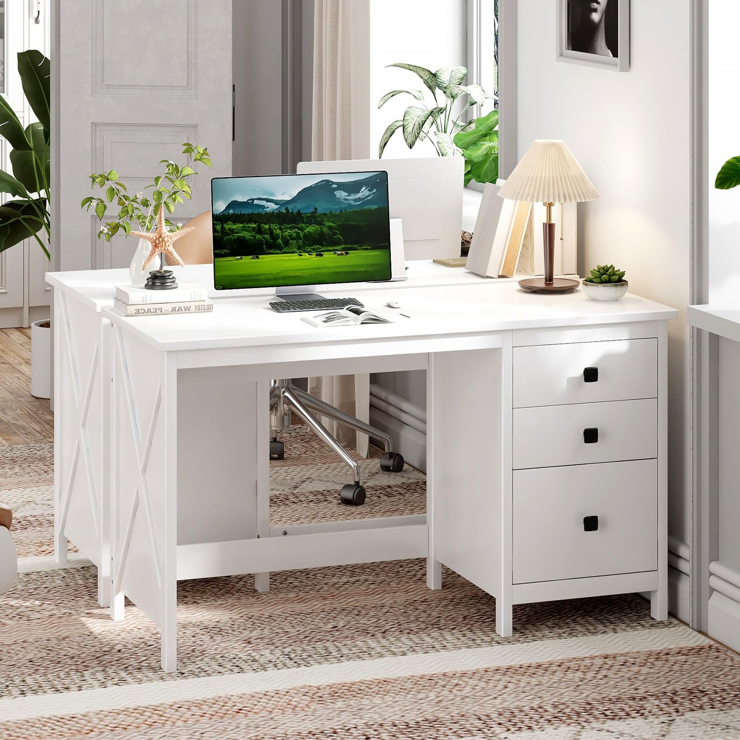 JSB 47.2'' White Computer Desk for Home Office,Farmhouse Executive Desk with 3 File Drawers,Study Writing Table Storage Cabinet,Makeup Vanity Desk for Bedroom (White, 47.2in)
