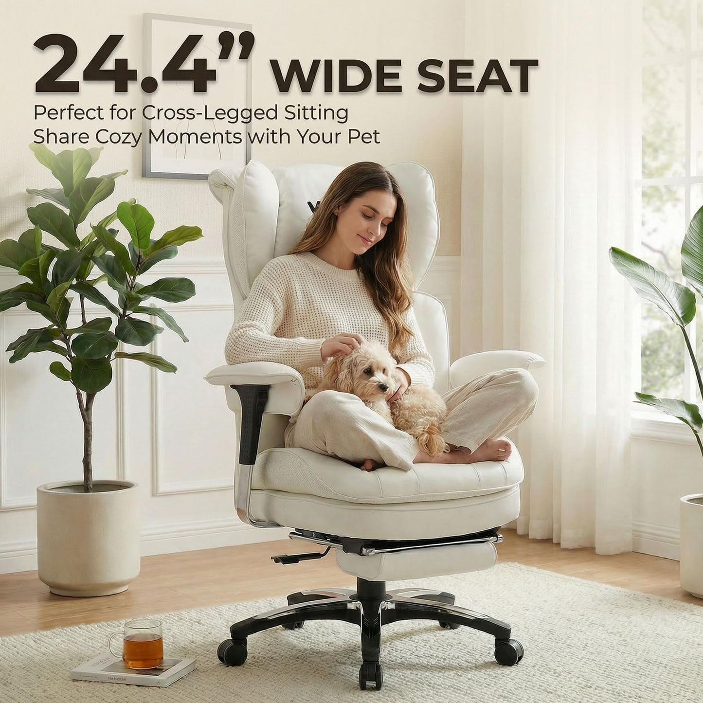 Efomao Big and Tall Office Chair 400lbs Capacity, 24.4" Extra Wide Seat Heavy Duty White Desk Chair with Footrest, Oversized Executive Computer Chair with Adjustable Armrests for Home Office