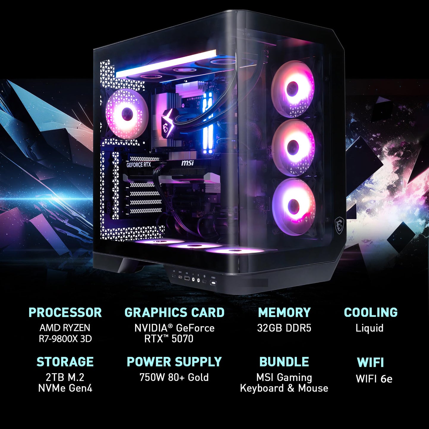 msi Vision ZS Gaming Desktop PC | AMD Ryzen 7 9800X3D | NVIDIA GeForce RTX 5070 12GB | 32GB DDR5 RAM | 2TB NVMe SSD | 360mm AIO Liquid Cooling | Wi-Fi 6E | Windows 11 Home | VR Ready | 9NVP-2068US
