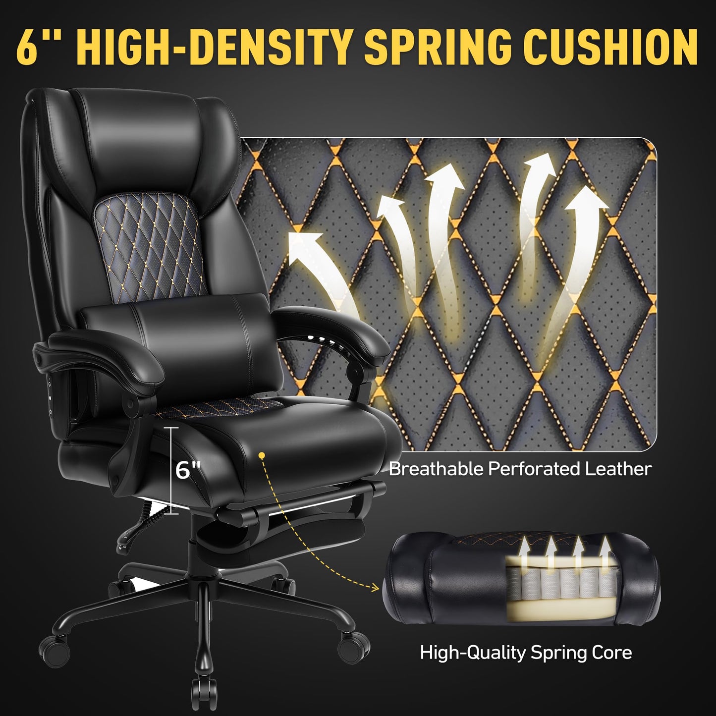 EGSEAT 3D Kneading Massage Office Chair with Heat, 500 lbs Big and Tall Executive Computer Desk Recliner, Leather Electric Heated Chair with Footrest, Black