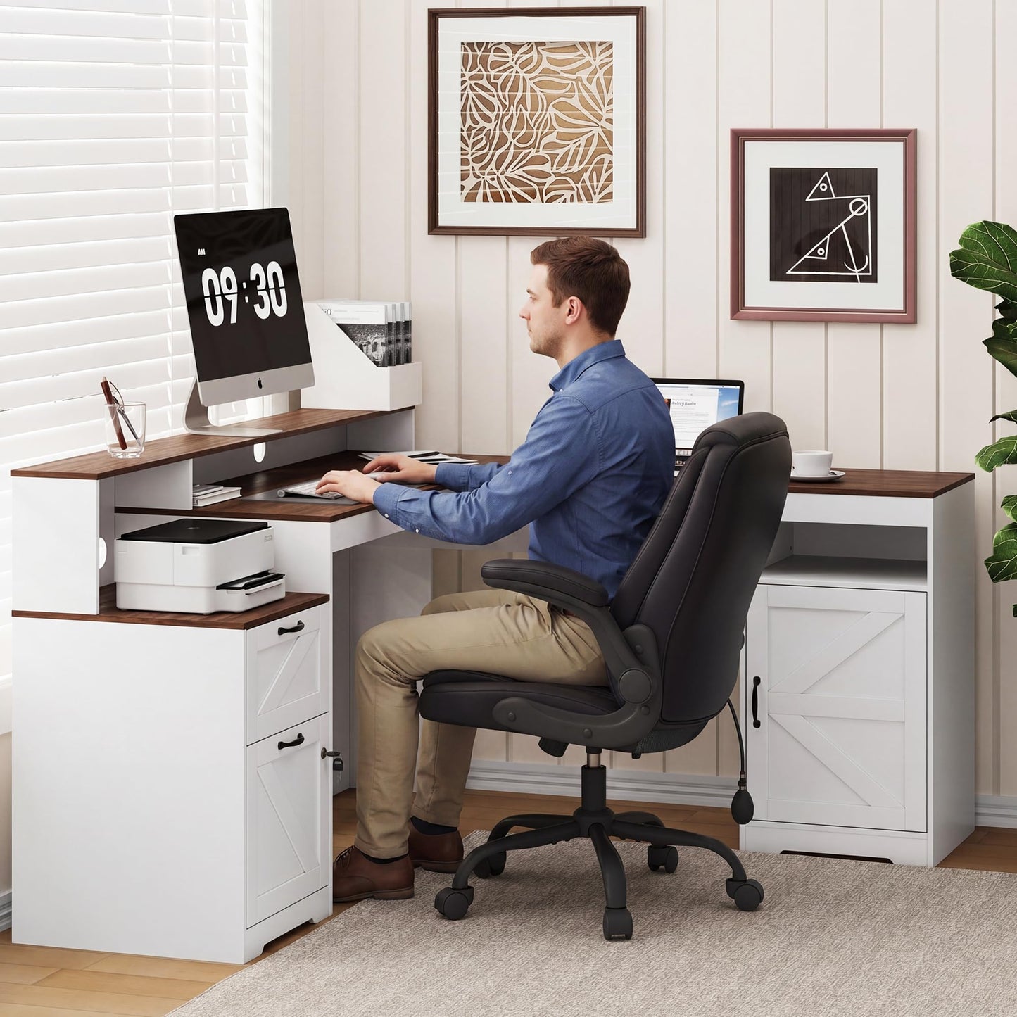 MALOL 63" Farmhouse L Shaped Executive Desk, Corner Computer Desk with Drawers & Storage Shelf, Home Office Desk with Power Outlet, Monitor Stand, Wood Grain Desktop, White & Rustic Brown